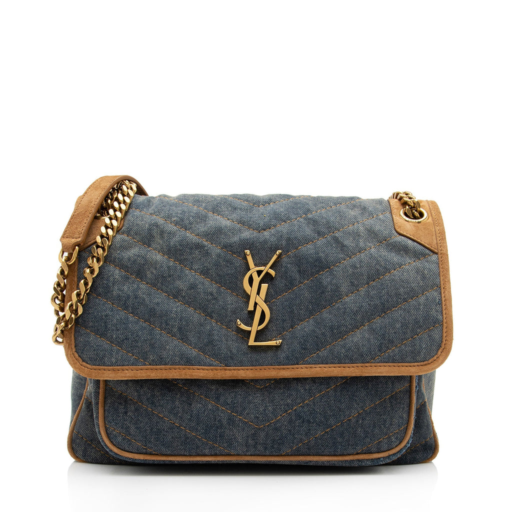 Saint Laurent Denim Suede Monogram Niki Medium Shoulder Bag (SHF-fpTQXb)
