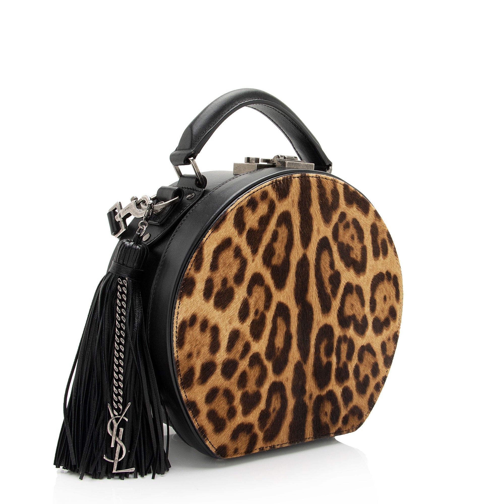 Saint Laurent Leather Ponyhair Leopard Print Mica Hatbox Small Crossbody Bag (SHF-LTfquL)