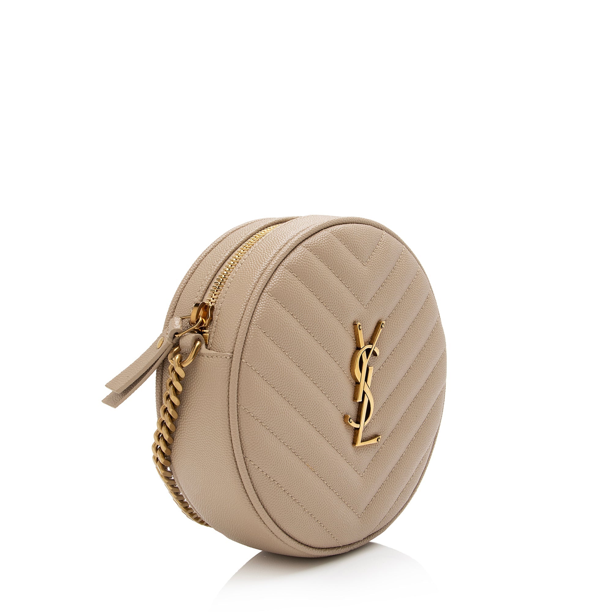 Saint Laurent Matelasse Grain de Poudre Monogram Vinyle Round Camera Bag (SHF-Z2Rbux)