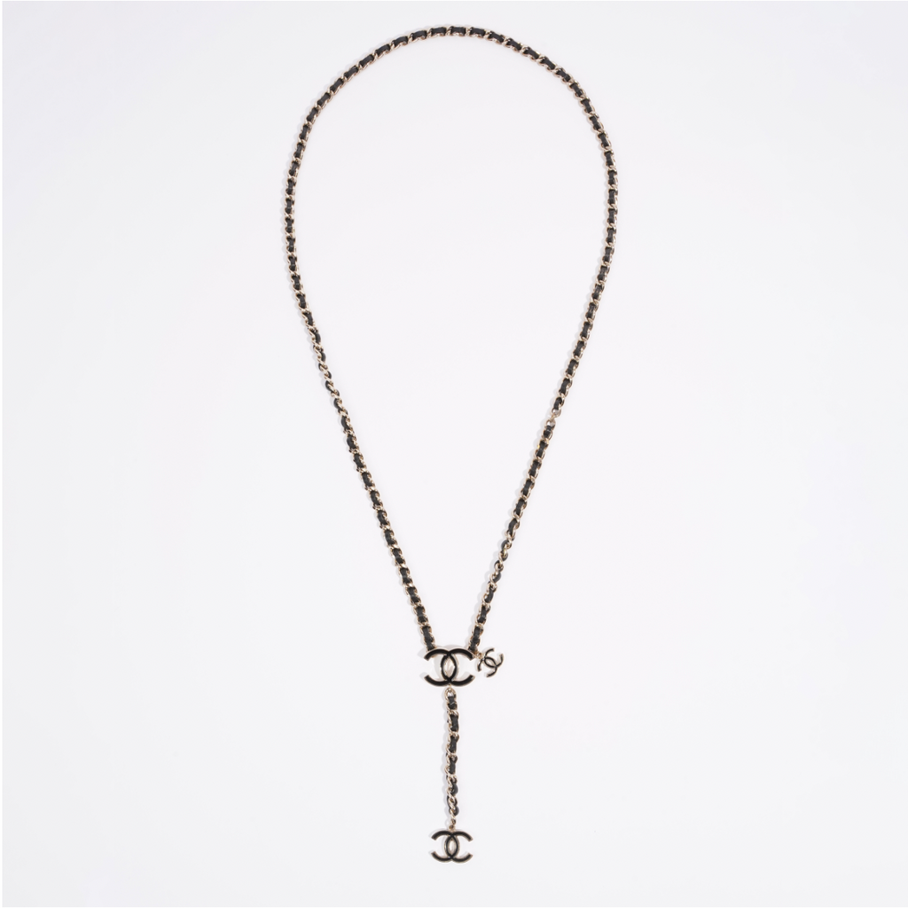 Chanel Logo Chain Belt Black / Silver Leather