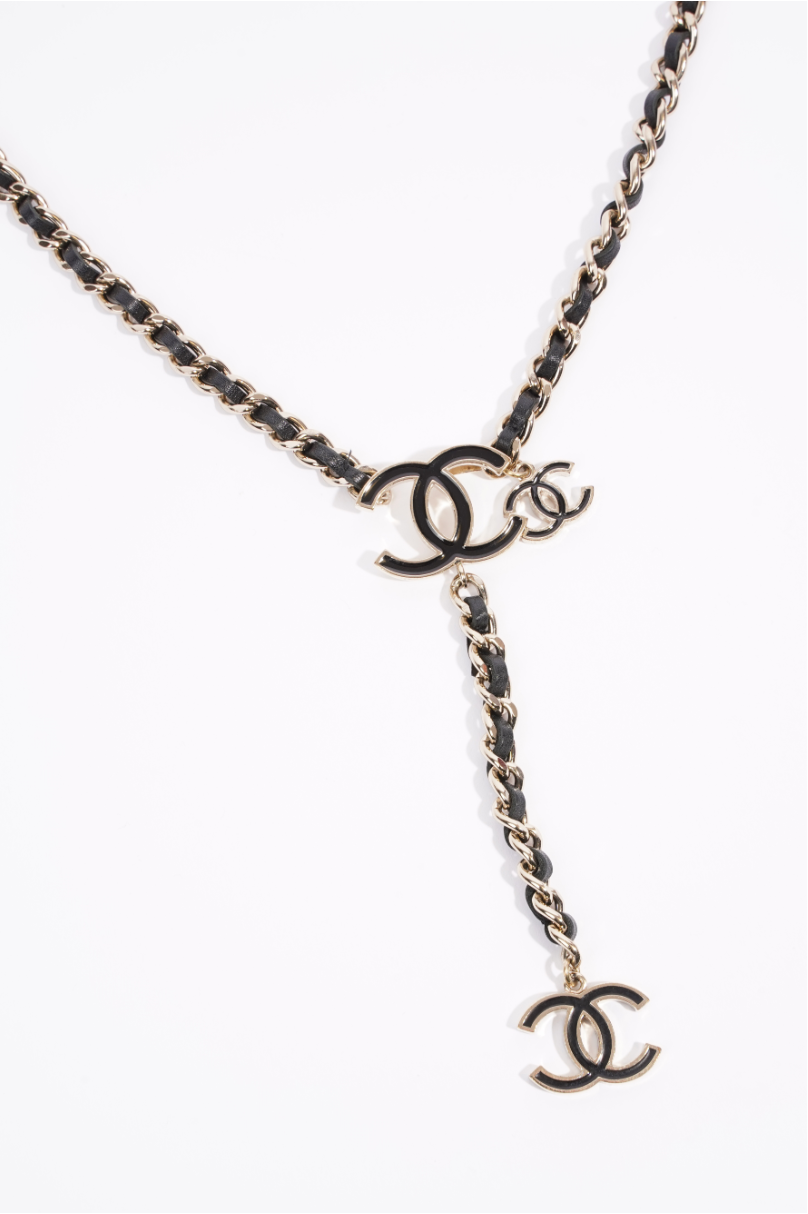 Chanel Logo Chain Belt Black / Silver Leather