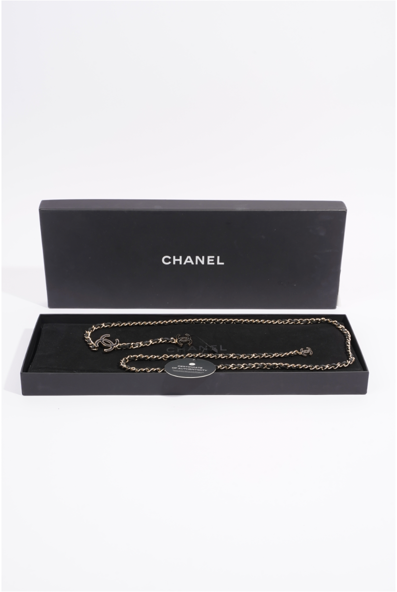 Chanel Logo Chain Belt Black / Silver Leather