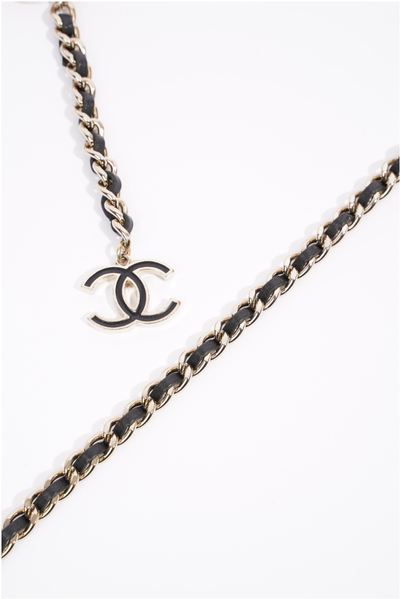 Chanel Logo Chain Belt Black / Silver Leather