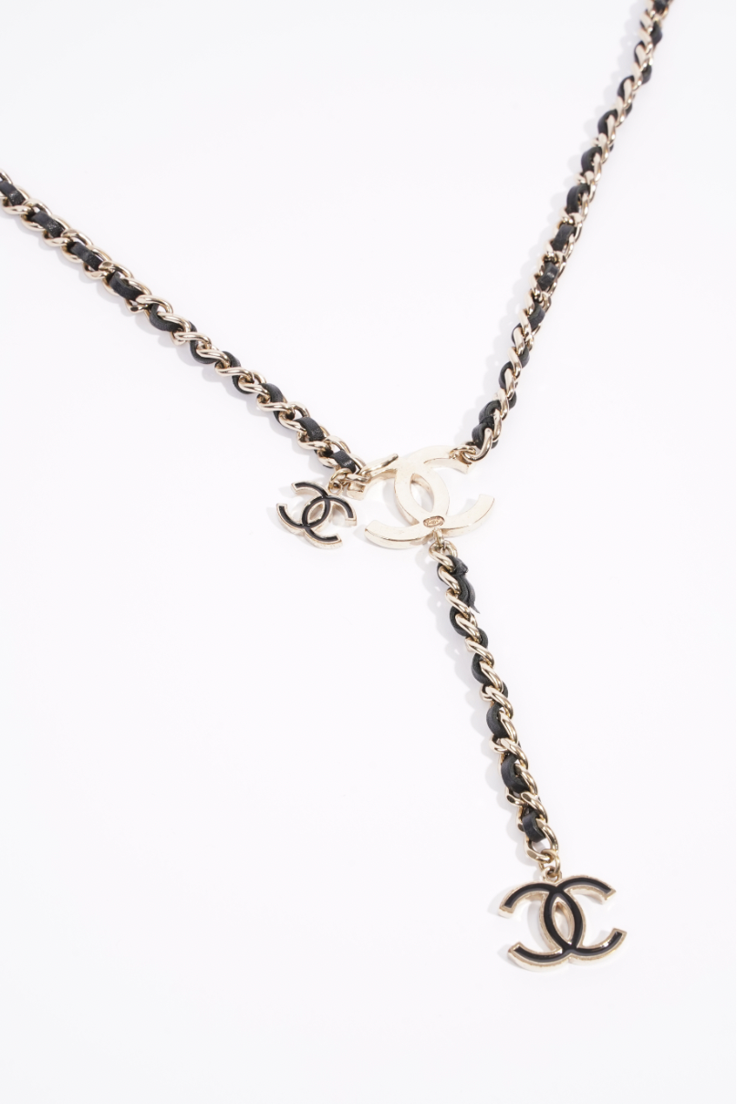 Chanel Logo Chain Belt Black / Silver Leather