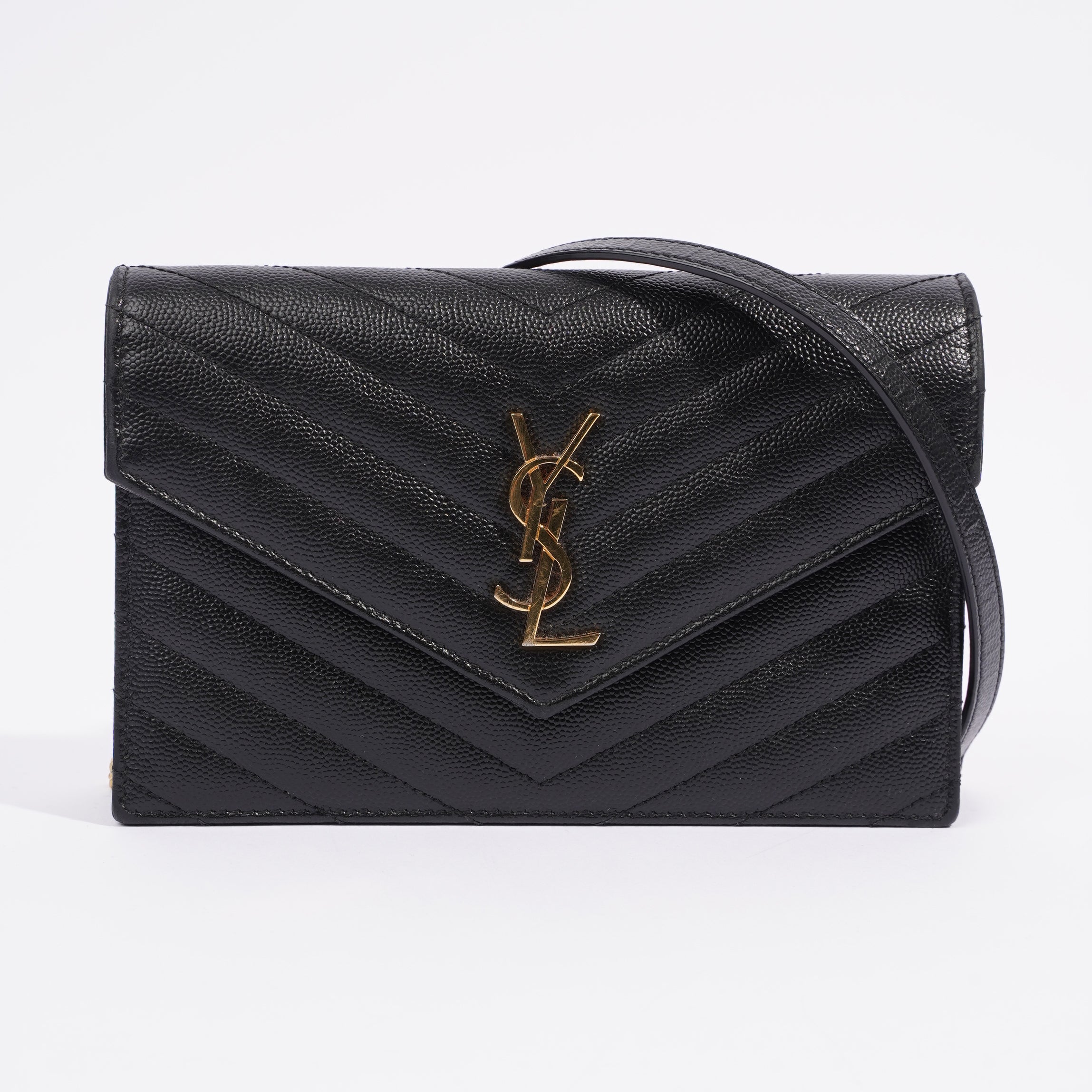 Saint Laurent Cassandre Envelope Chain Wallet Black Calfskin Leather