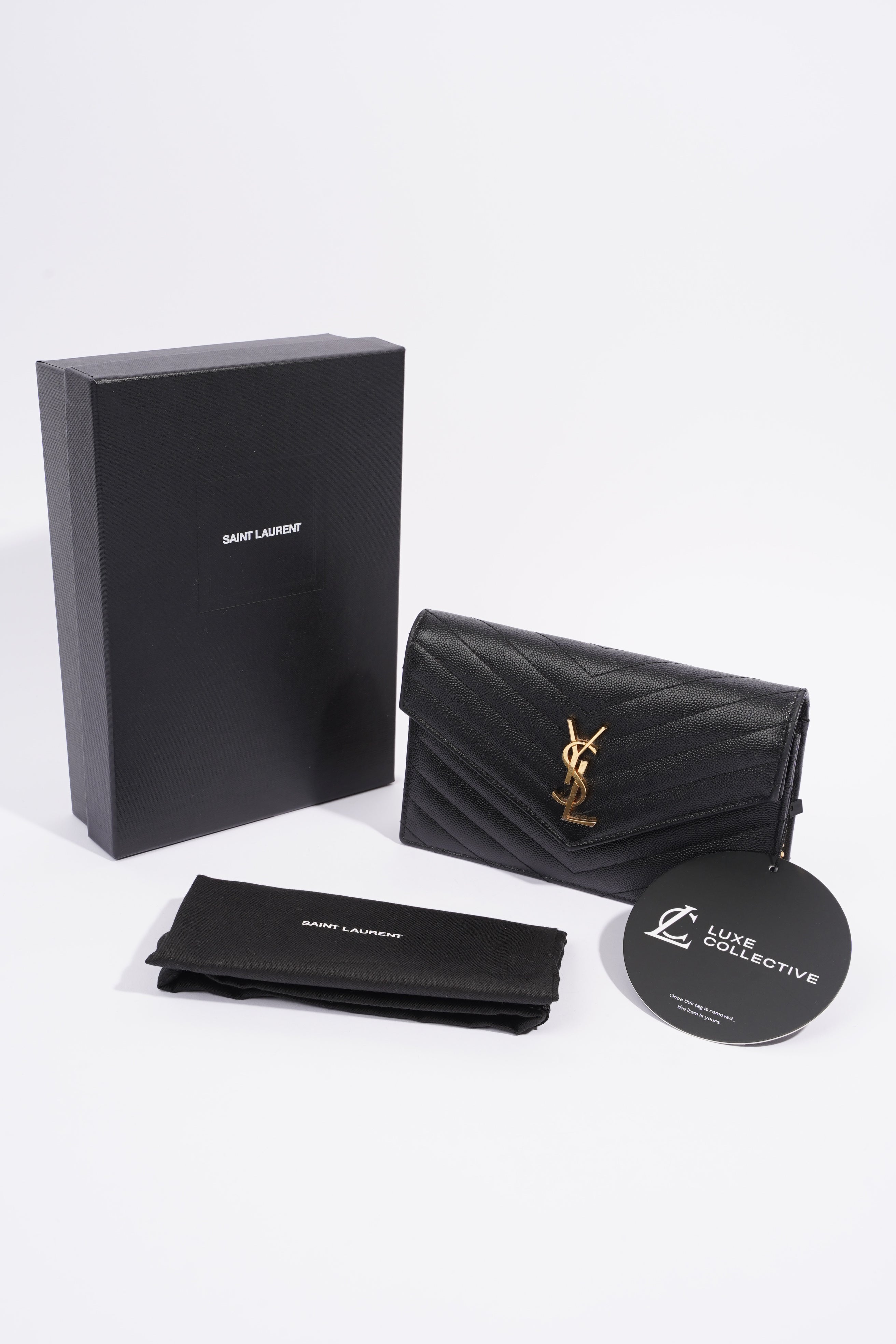 Saint Laurent Cassandre Envelope Chain Wallet Black Calfskin Leather