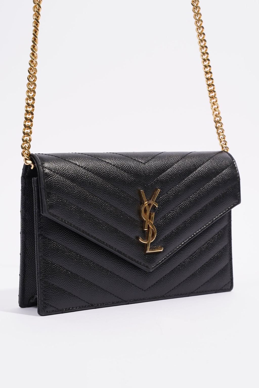 Saint Laurent Cassandre Envelope Chain Wallet Black Calfskin Leather