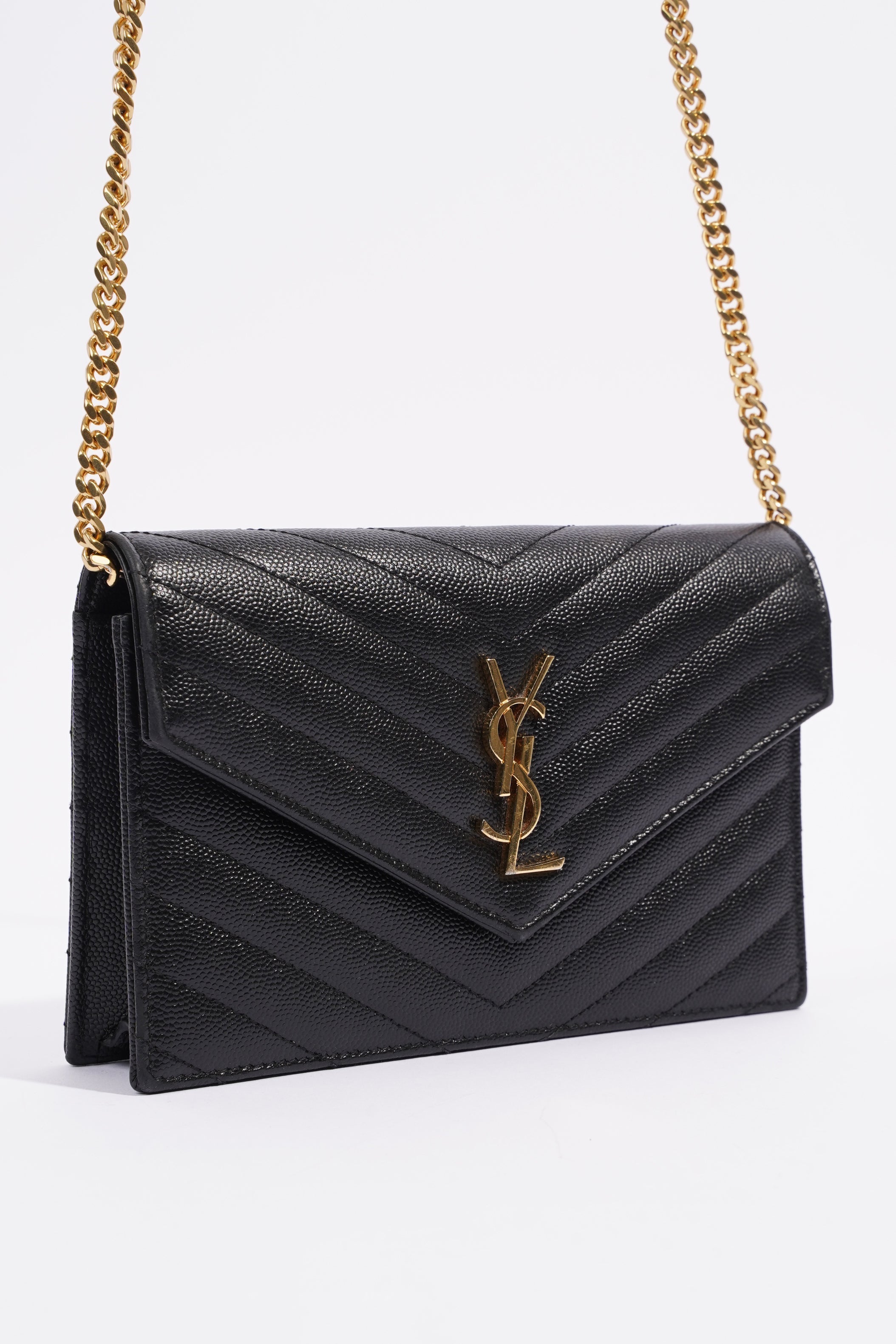 Saint Laurent Cassandre Envelope Chain Wallet Black Calfskin Leather