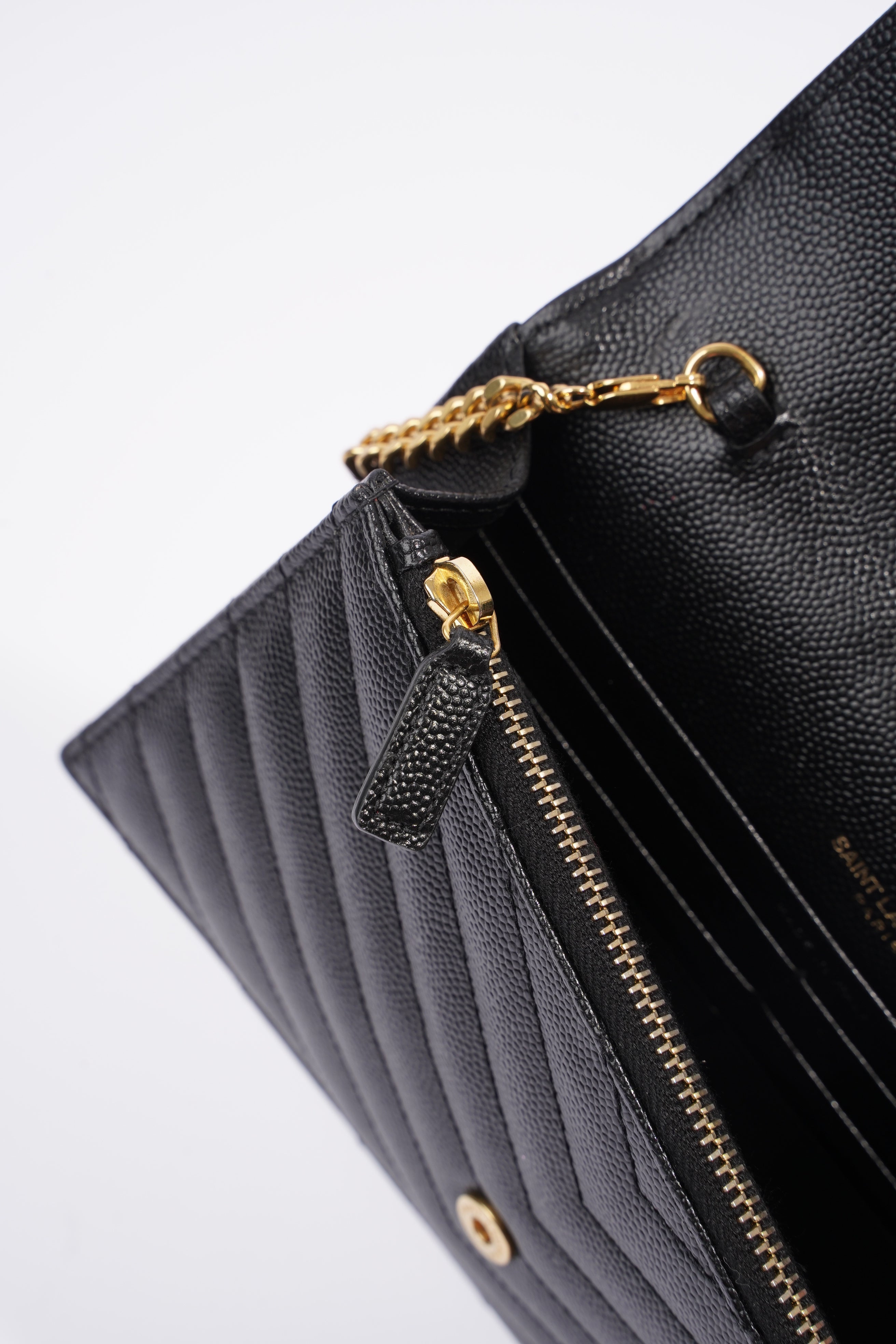 Saint Laurent Cassandre Envelope Chain Wallet Black Calfskin Leather