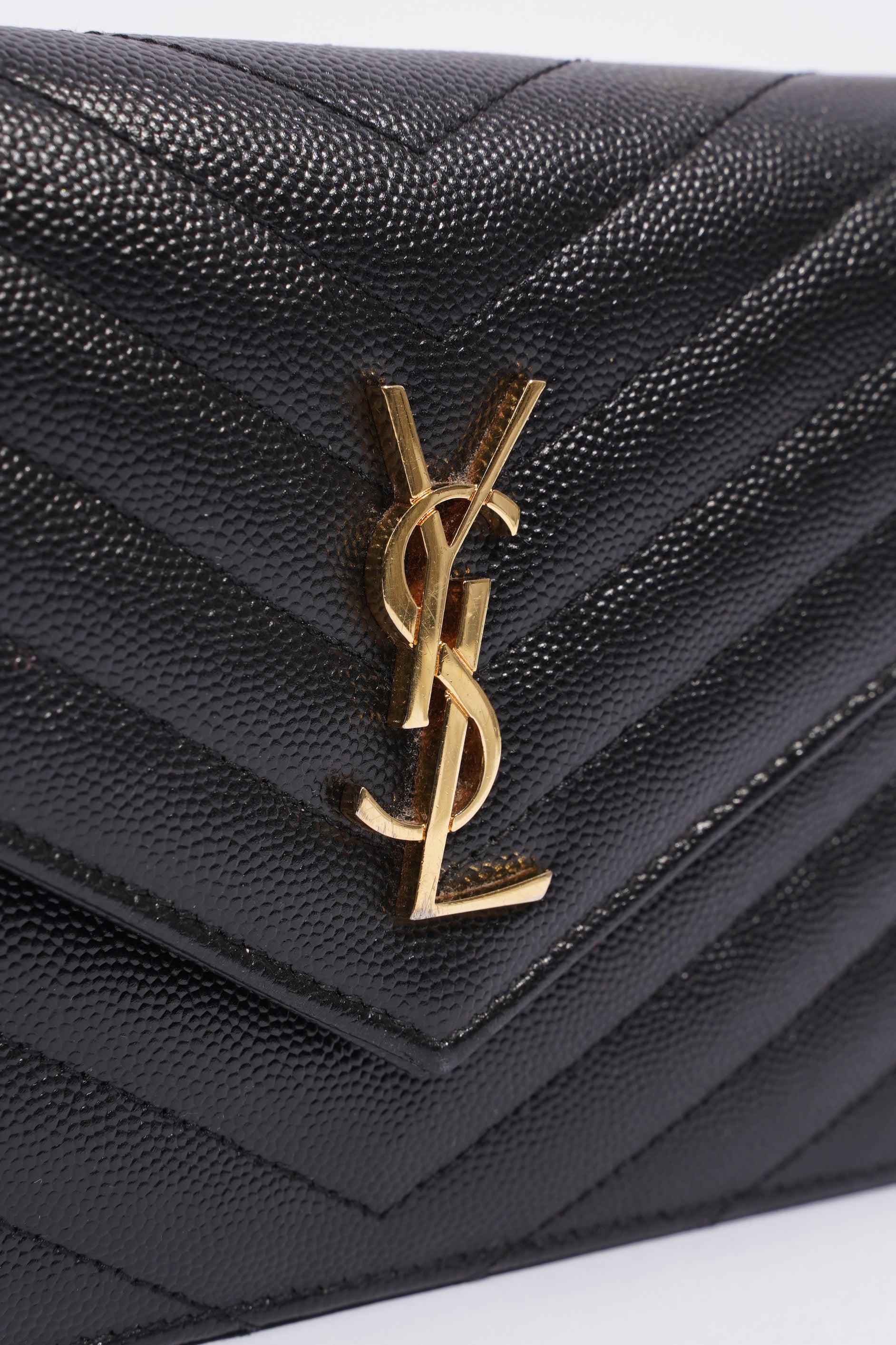 Saint Laurent Cassandre Envelope Chain Wallet Black Calfskin Leather