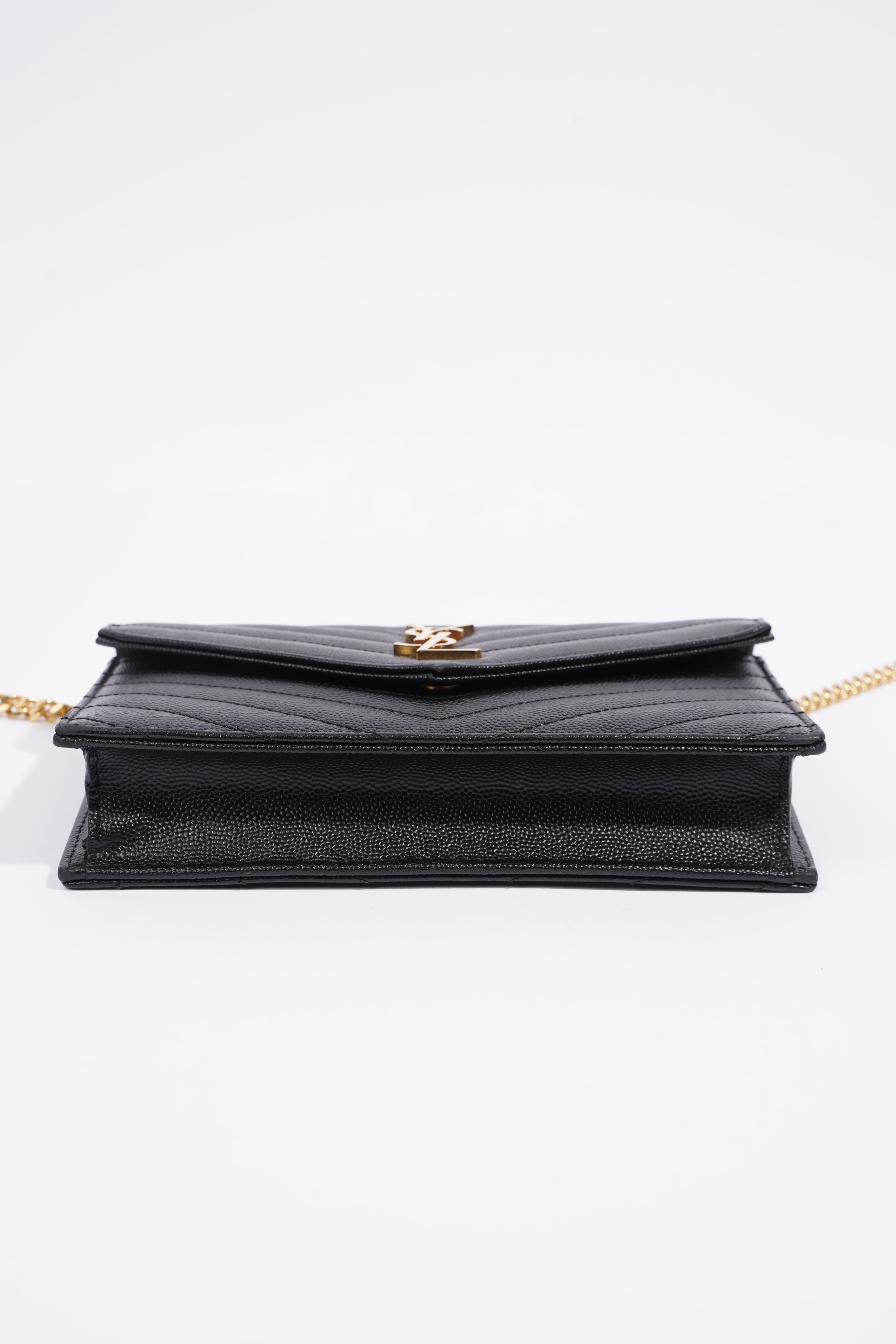 Saint Laurent Cassandre Envelope Chain Wallet Black Calfskin Leather