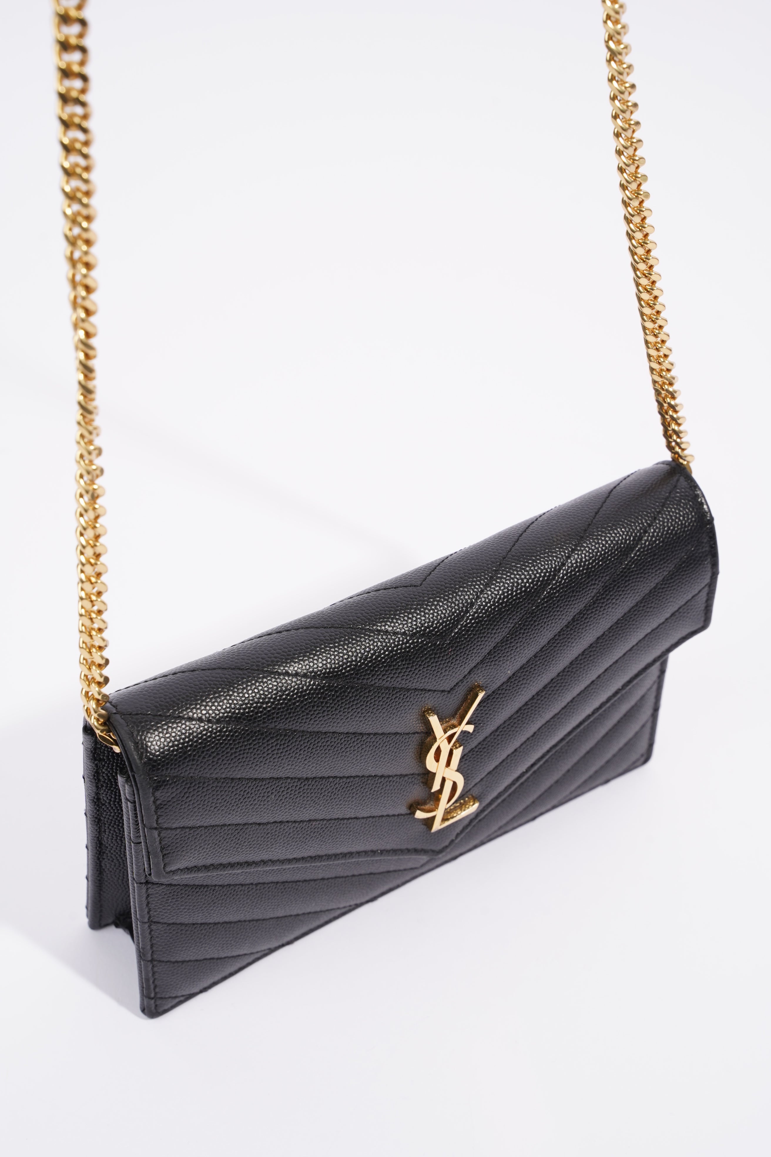 Saint Laurent Cassandre Envelope Chain Wallet Black Calfskin Leather