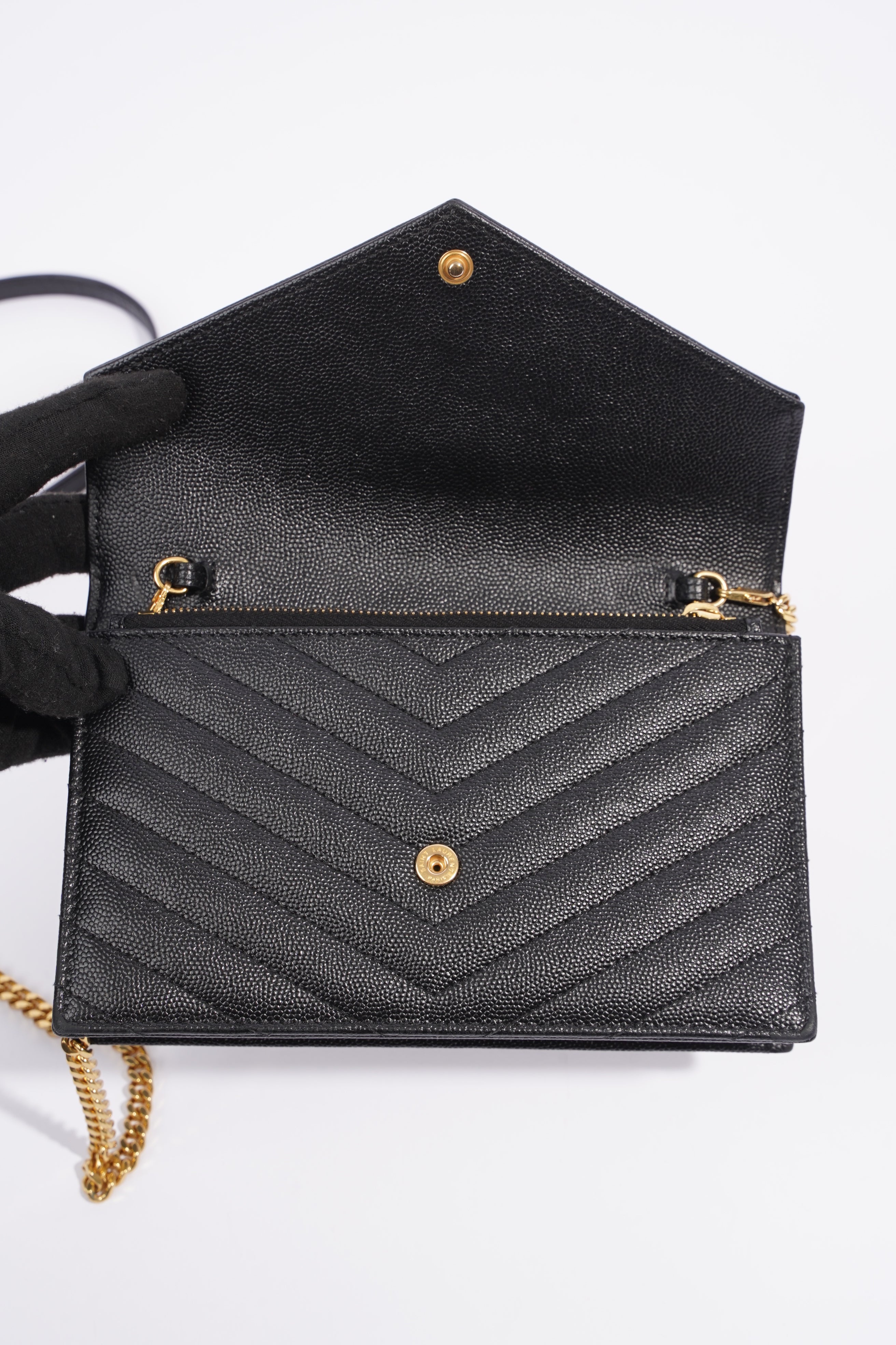 Saint Laurent Cassandre Envelope Chain Wallet Black Calfskin Leather