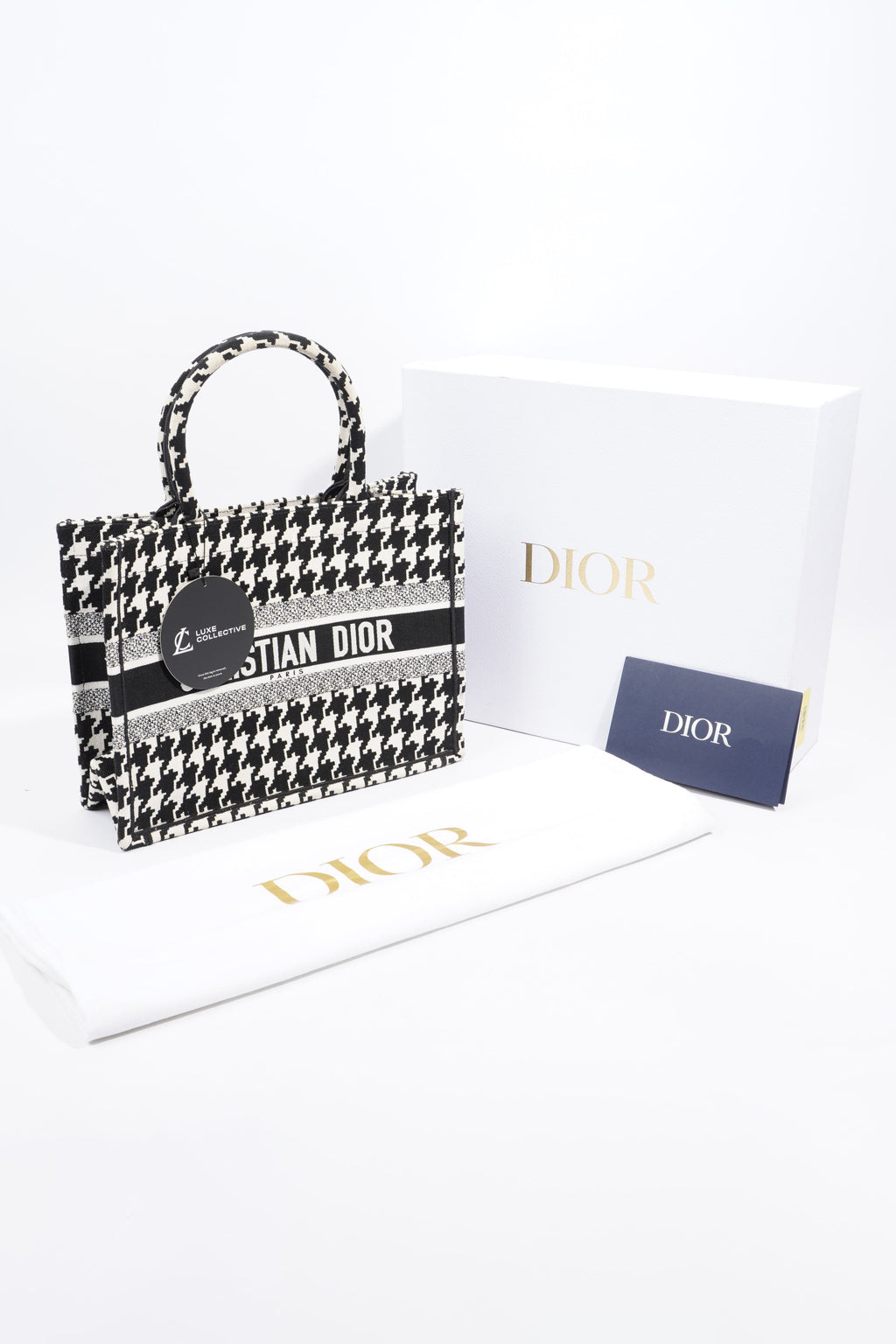 Christian Dior Houndstooth Book Tote Black / White Canvas Medium