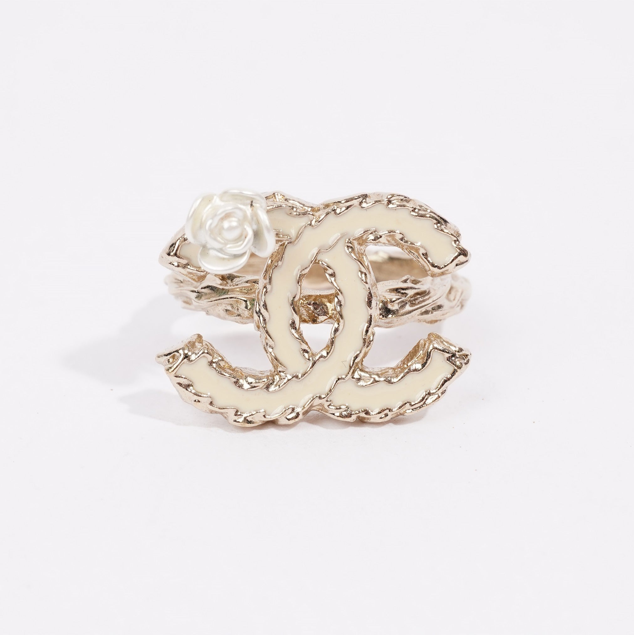 Chanel Logo Ring Silver / White Enamel Base Metal 49