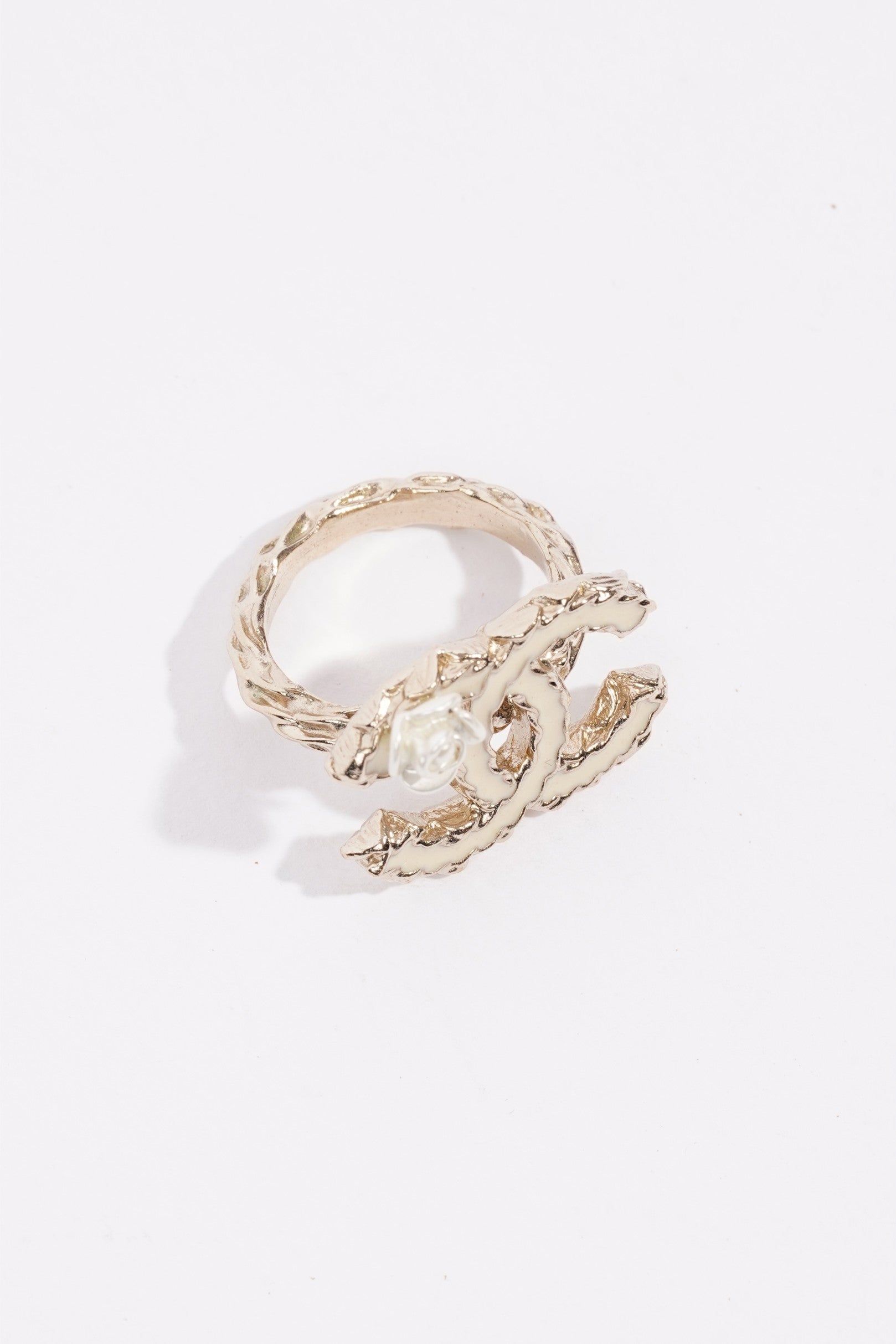 Chanel Logo Ring Silver / White Enamel Base Metal 49