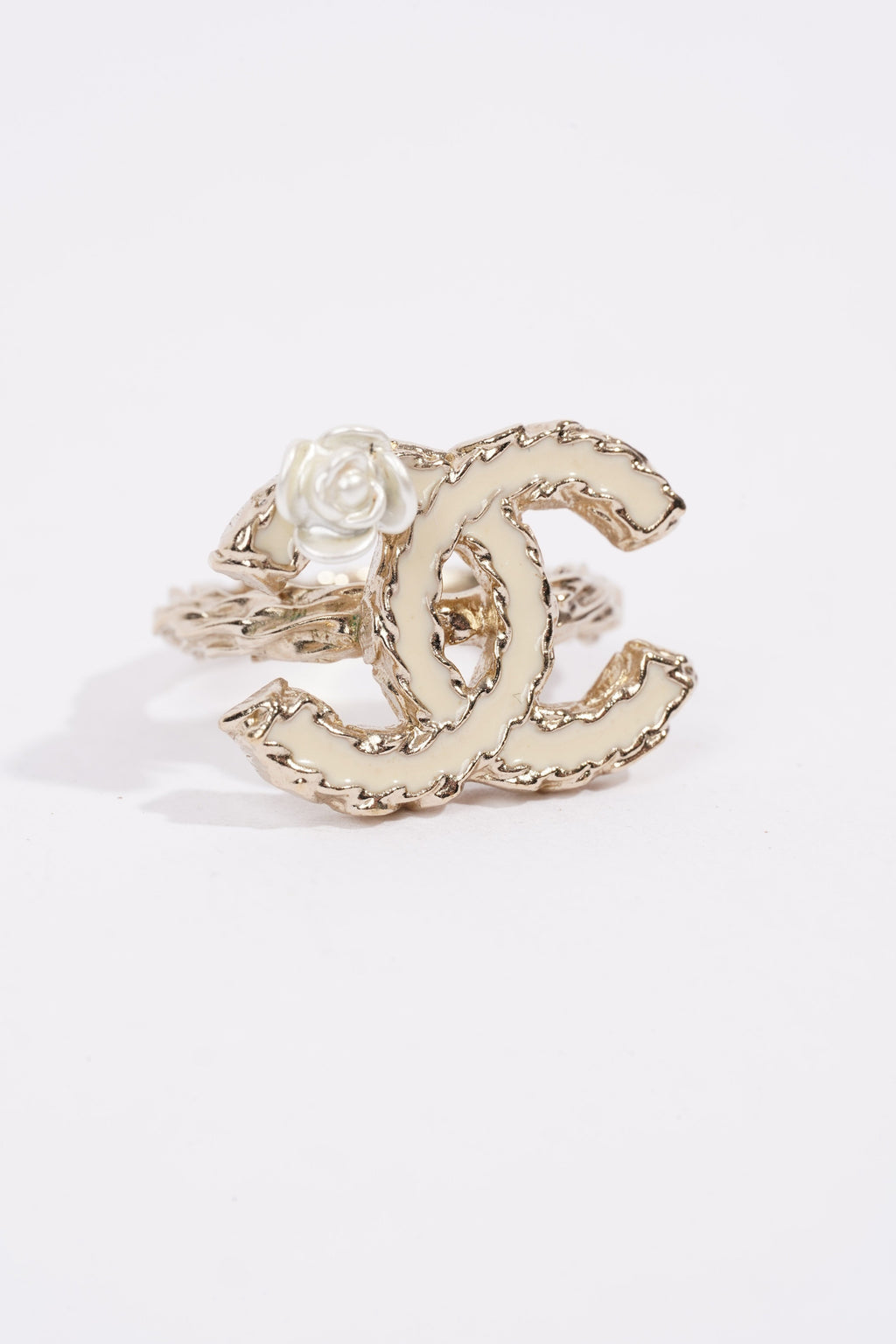 Chanel Logo Ring Silver / White Enamel Base Metal 49