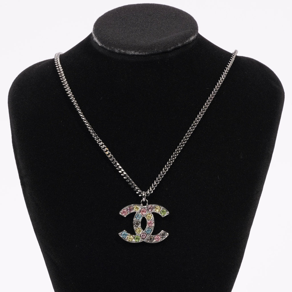 Chanel Logo Necklace Gunmetal Grey / Multicolour Diamantes Base Metal