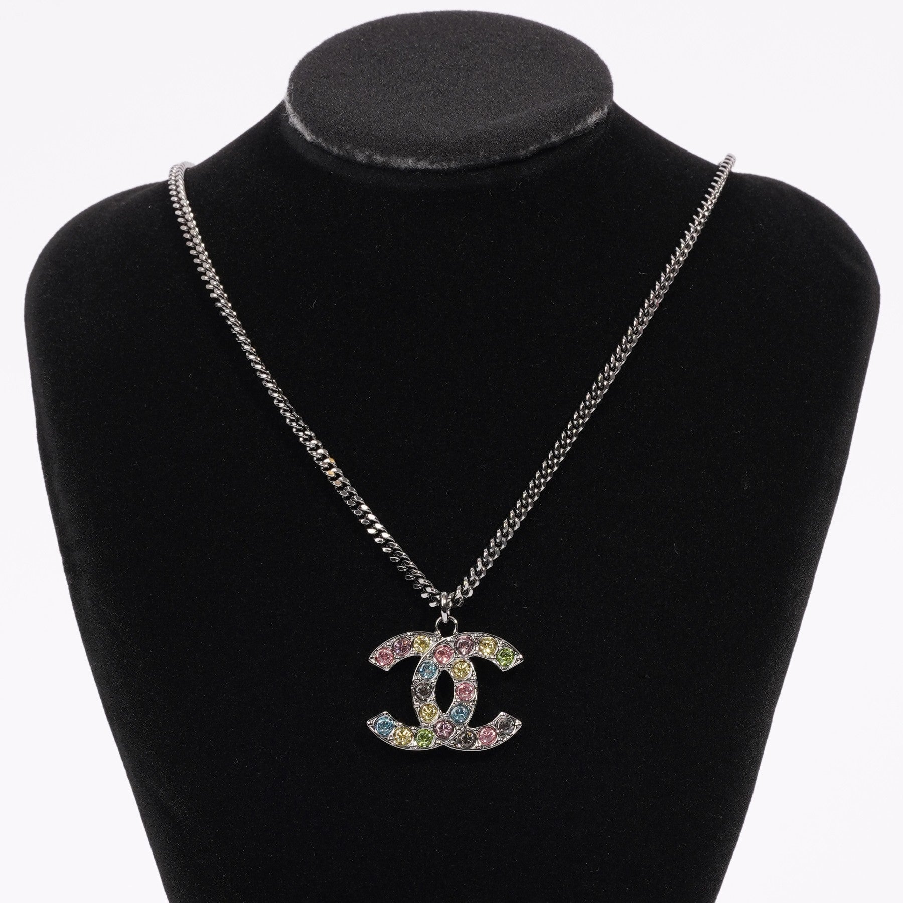 Chanel Logo Necklace Gunmetal Grey / Multicolour Diamantes Base Metal