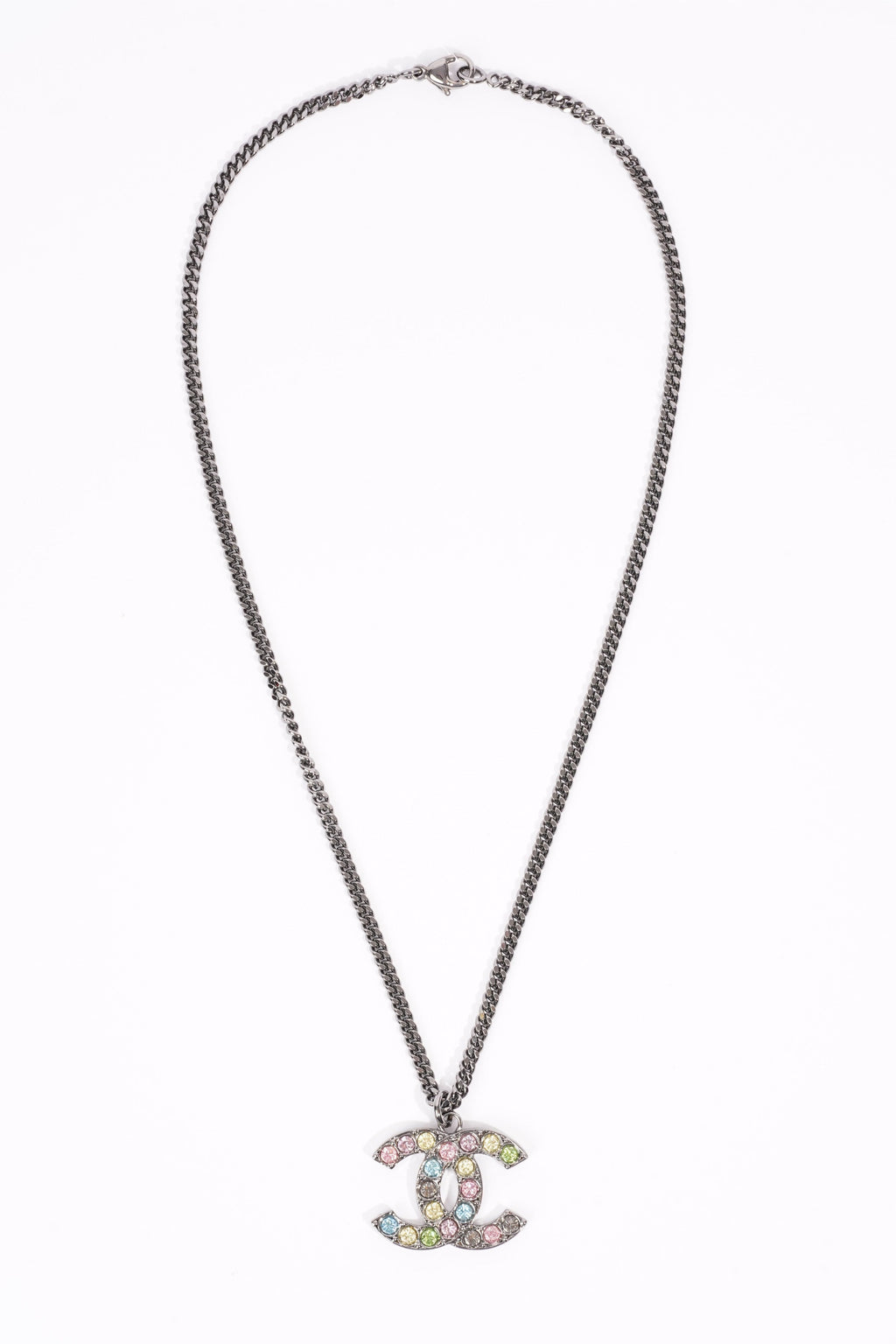 Chanel Logo Necklace Gunmetal Grey / Multicolour Diamantes Base Metal