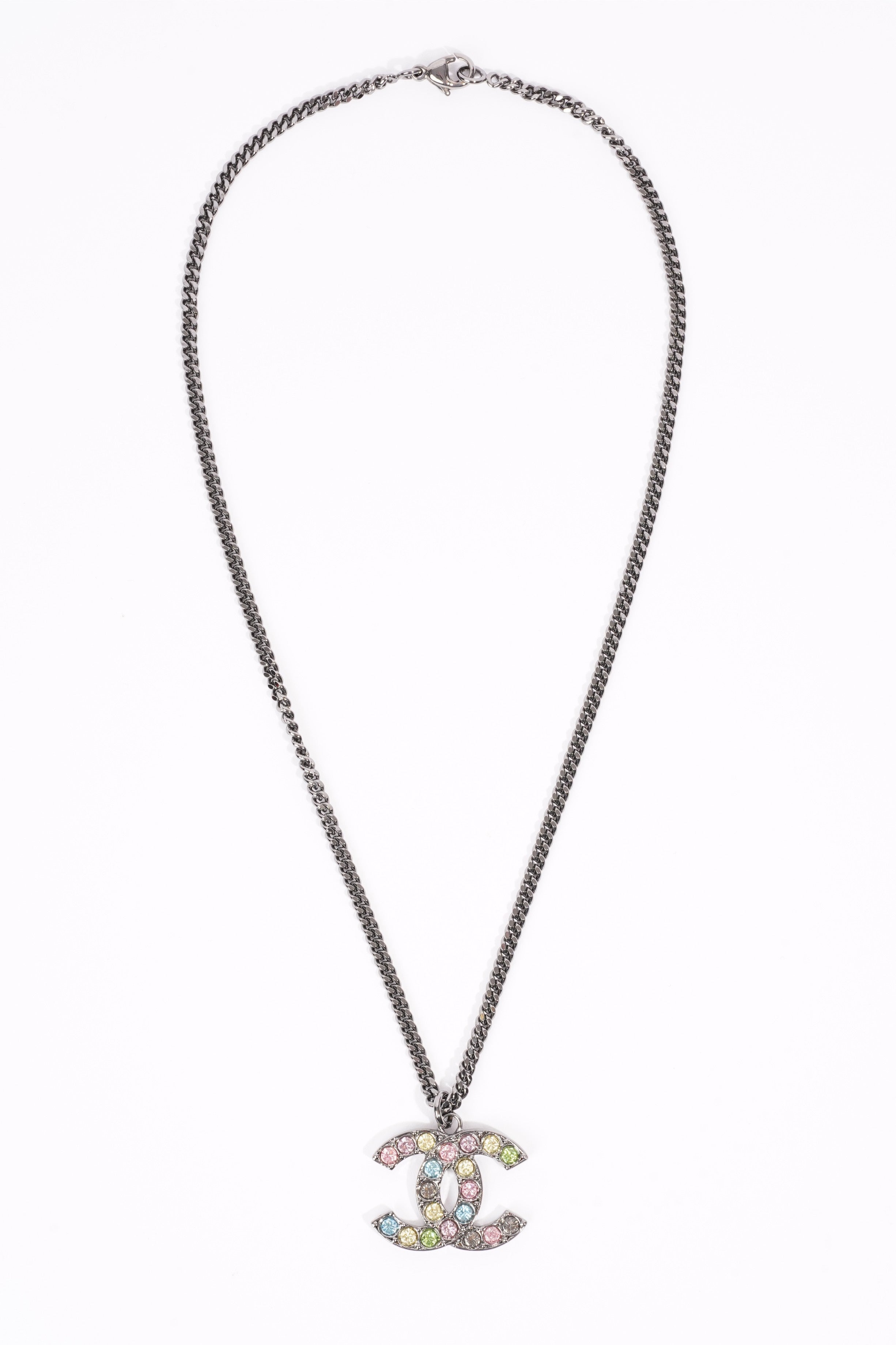 Chanel Logo Necklace Gunmetal Grey / Multicolour Diamantes Base Metal