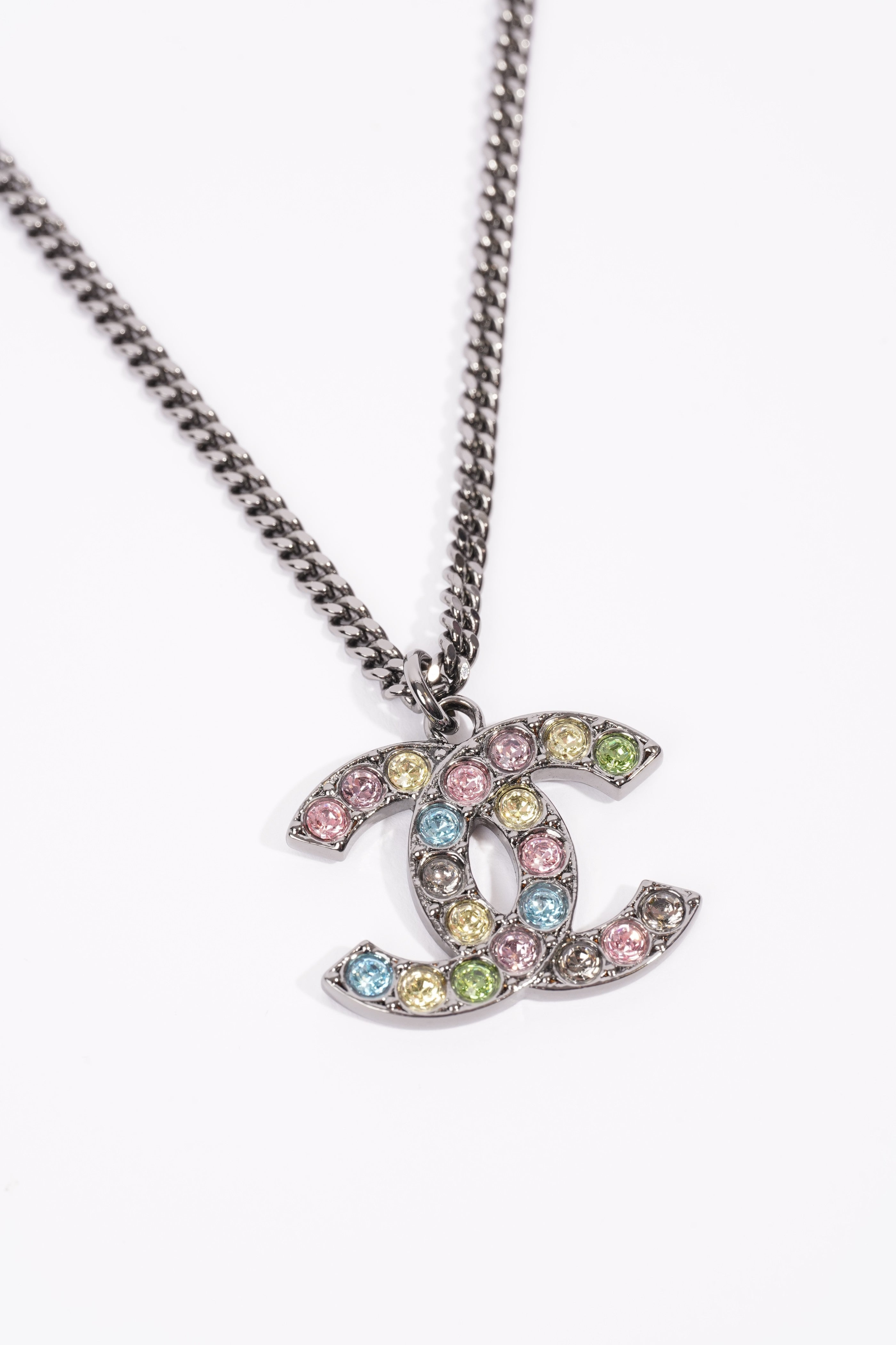 Chanel Logo Necklace Gunmetal Grey / Multicolour Diamantes Base Metal
