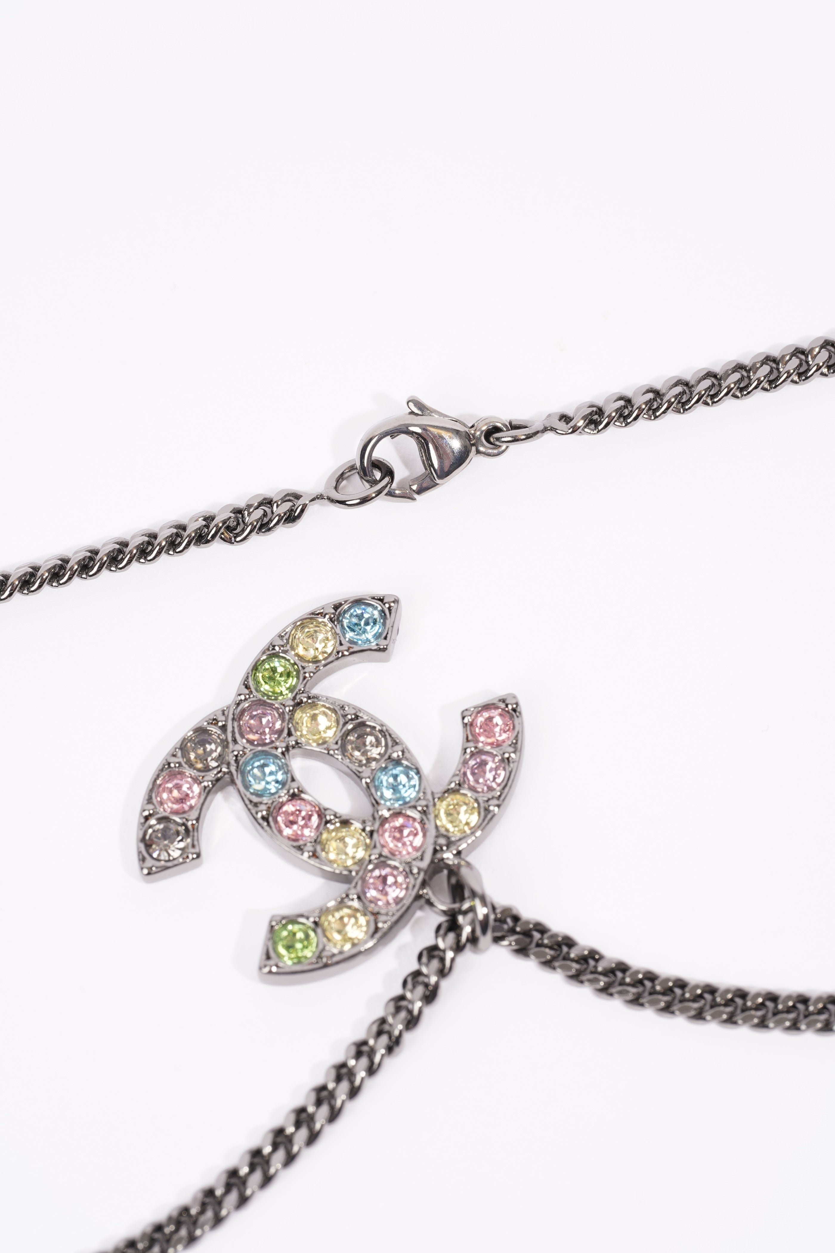 Chanel Logo Necklace Gunmetal Grey / Multicolour Diamantes Base Metal