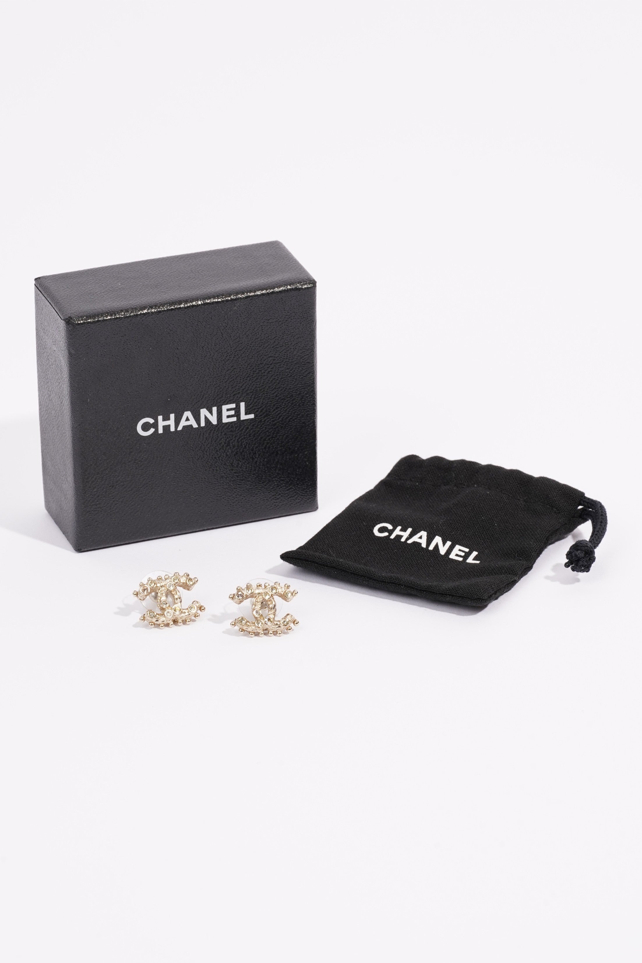 Chanel Logo Earrings Silver / Diamante Base Metal