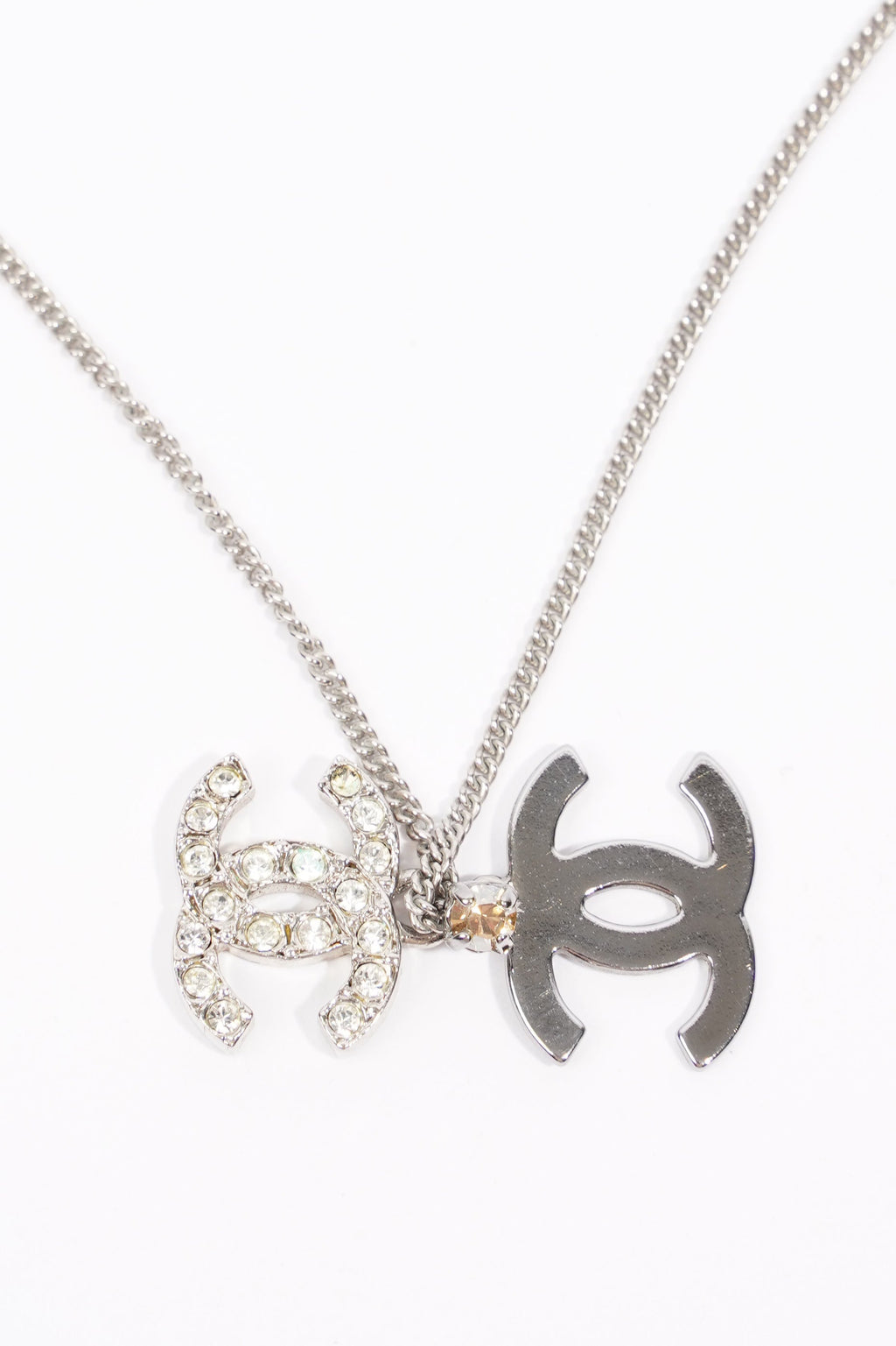Chanel Double Logo Necklace Silver / Diamante Base Metal