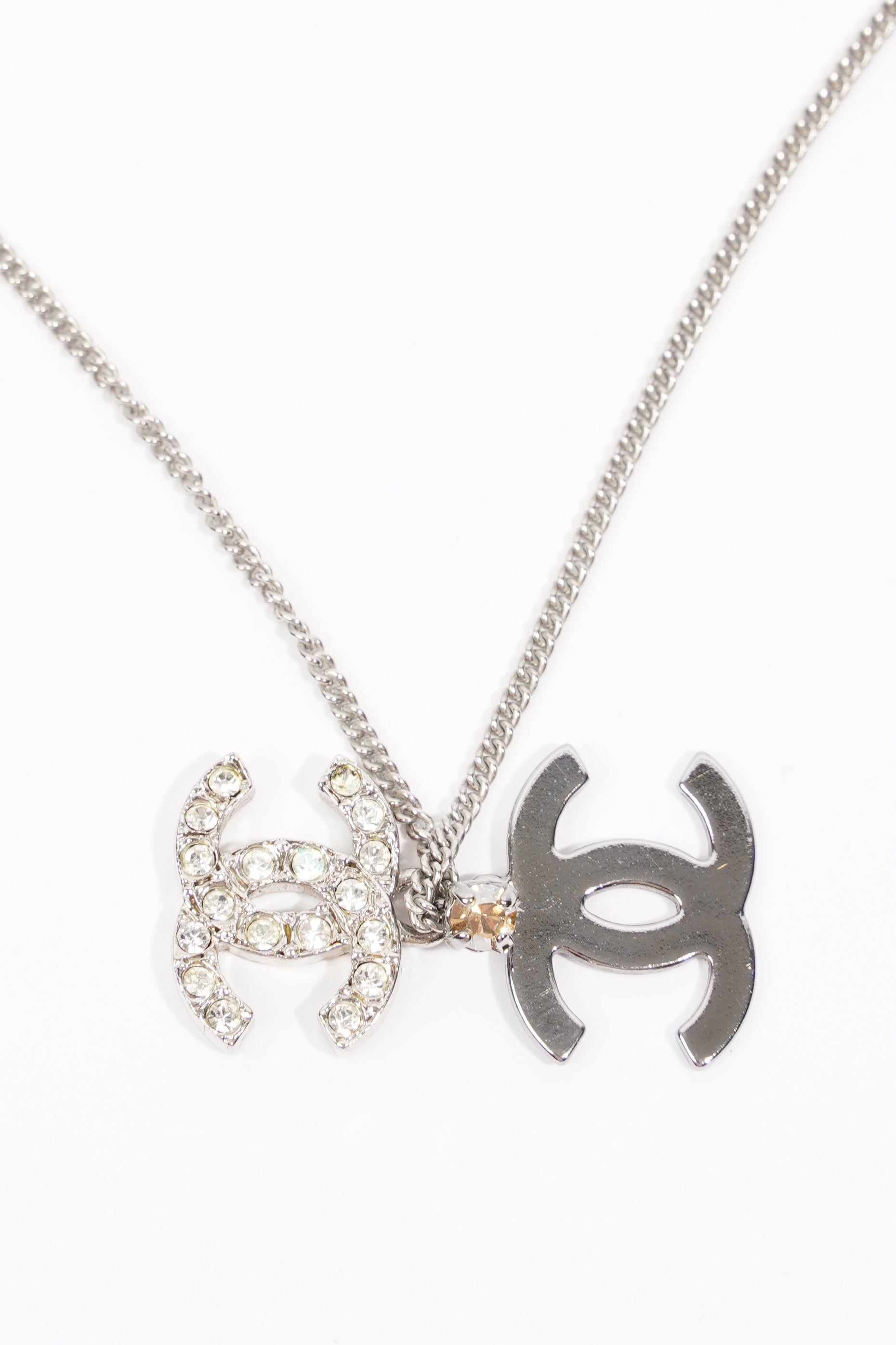 Chanel Double Logo Necklace Silver / Diamante Base Metal