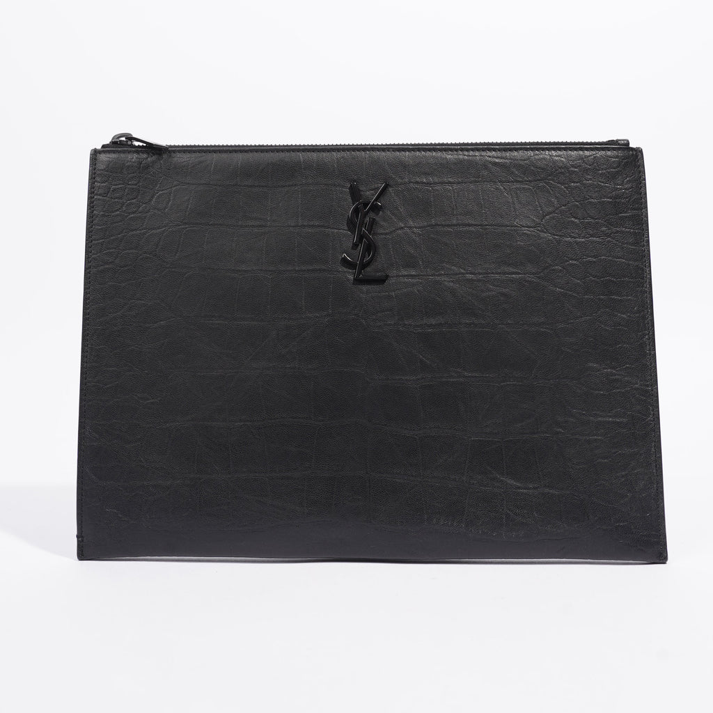 Saint Laurent Croc Embossed Document Holder Black Embossed Leather