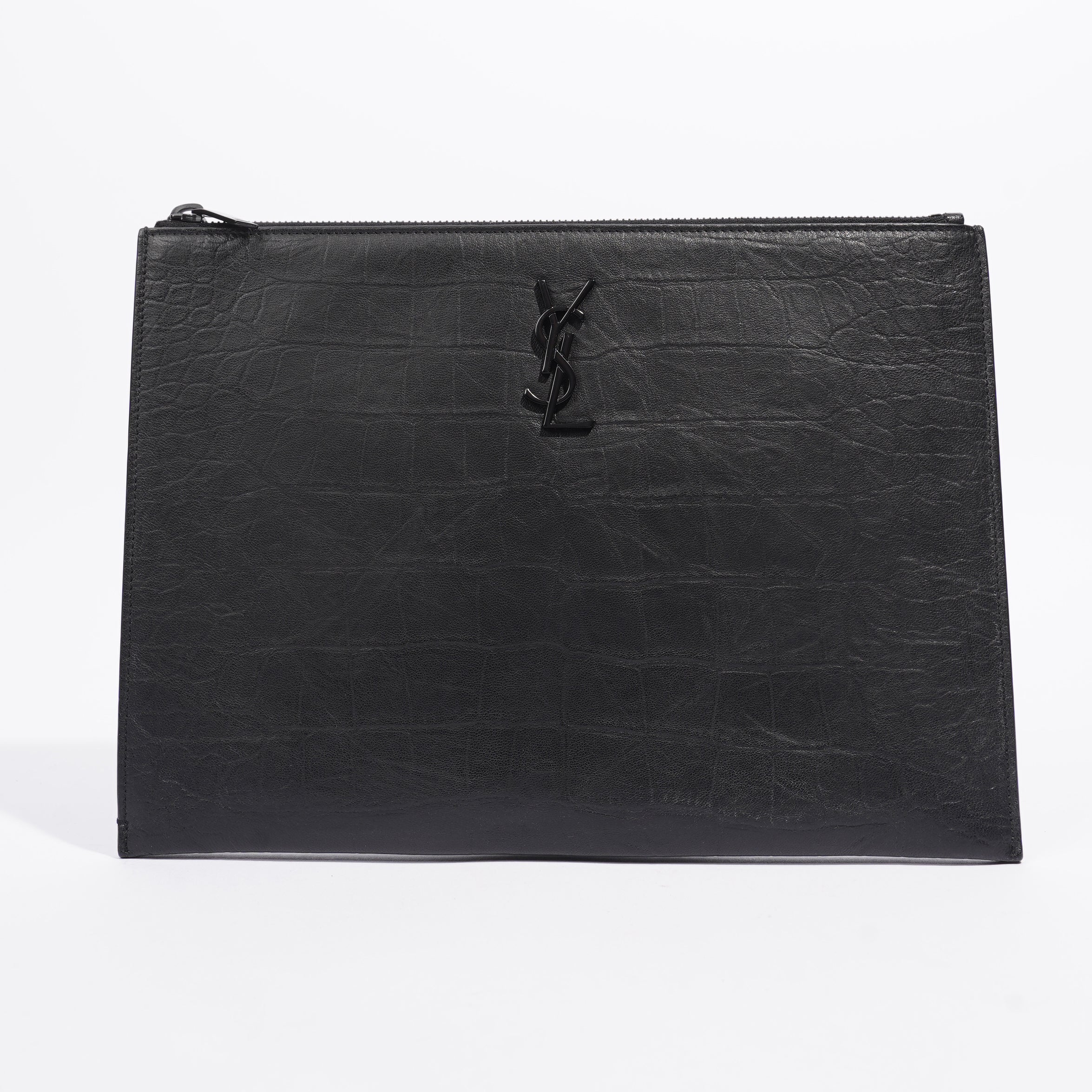Saint Laurent Croc Embossed Document Holder Black Embossed Leather