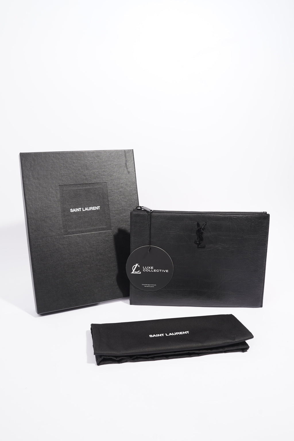 Saint Laurent Croc Embossed Document Holder Black Embossed Leather