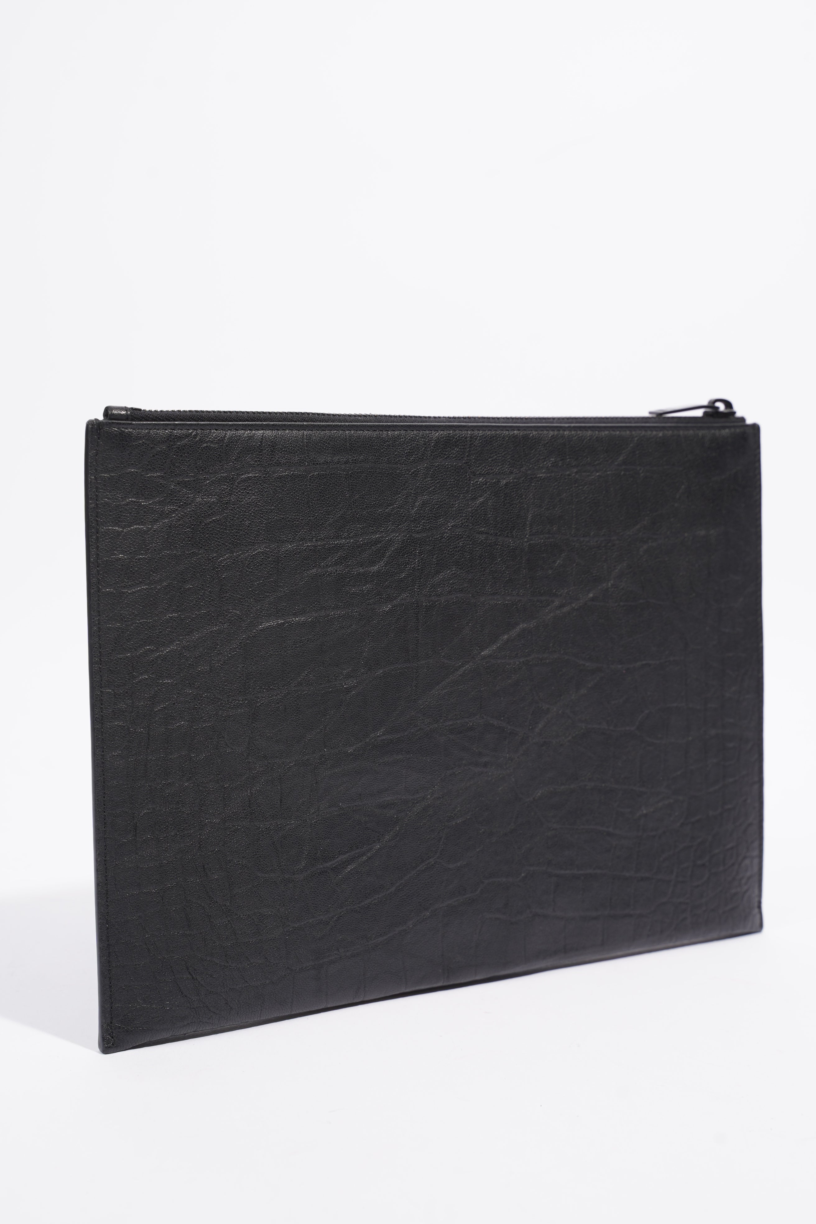 Saint Laurent Croc Embossed Document Holder Black Embossed Leather