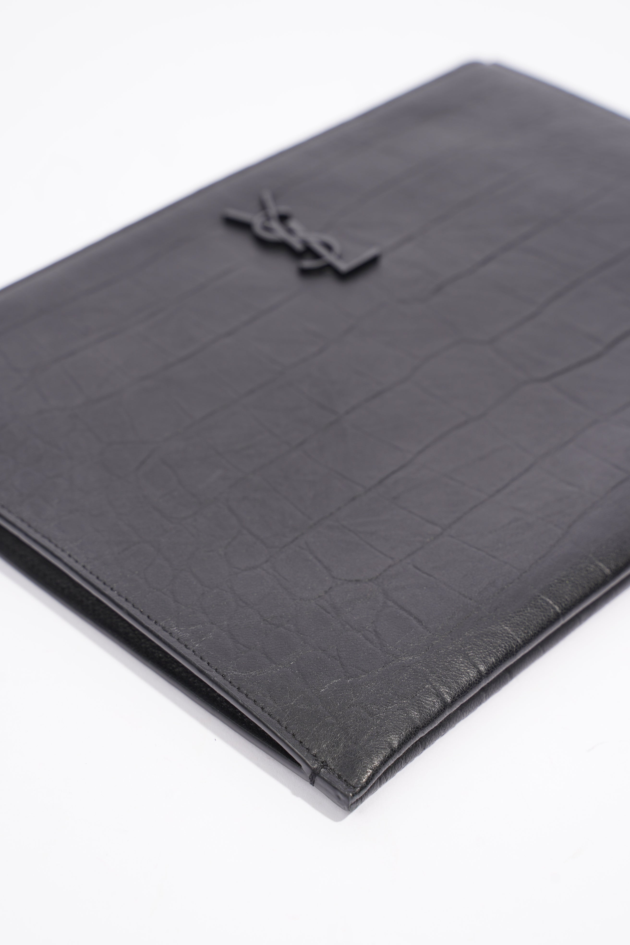 Saint Laurent Croc Embossed Document Holder Black Embossed Leather