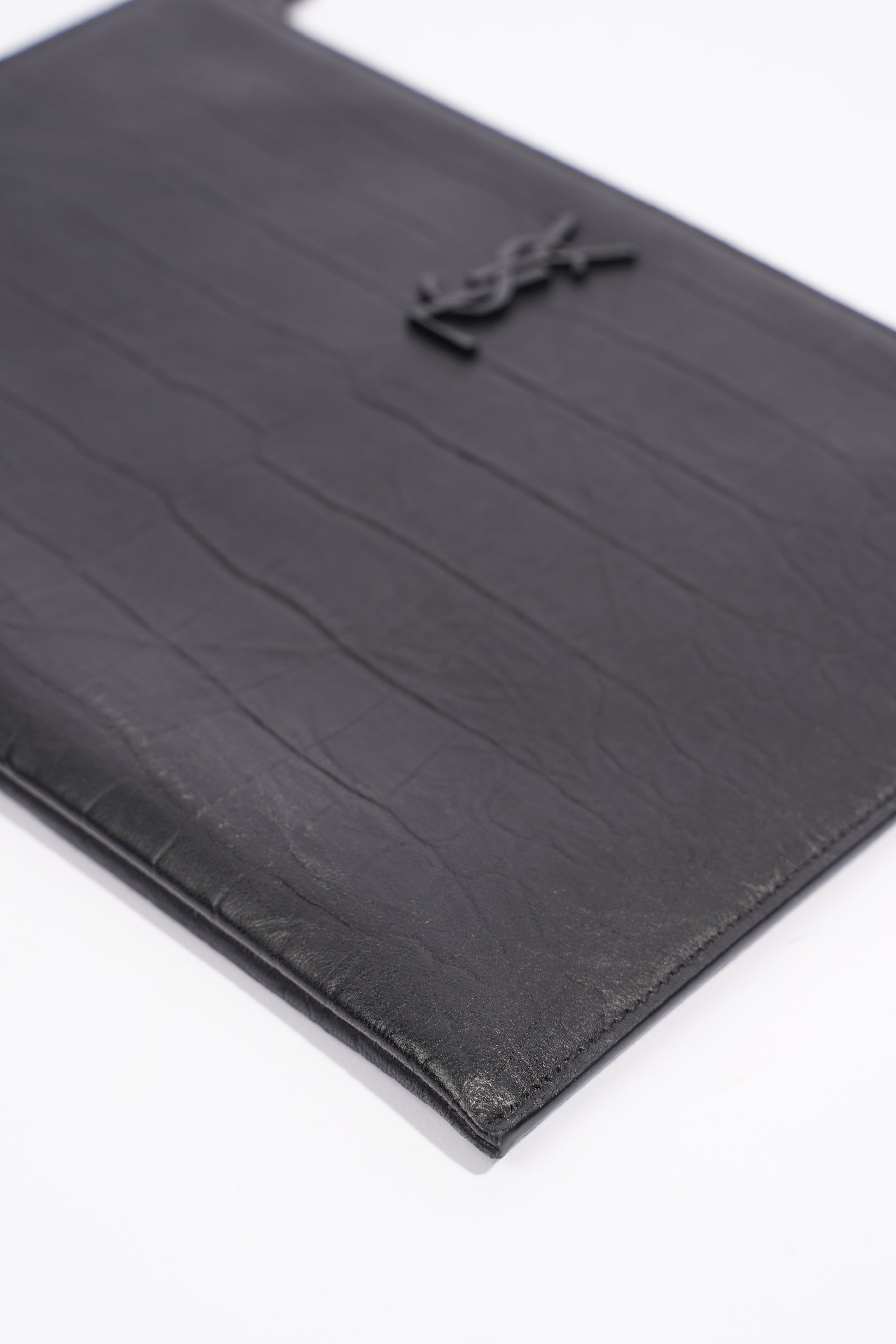 Saint Laurent Croc Embossed Document Holder Black Embossed Leather