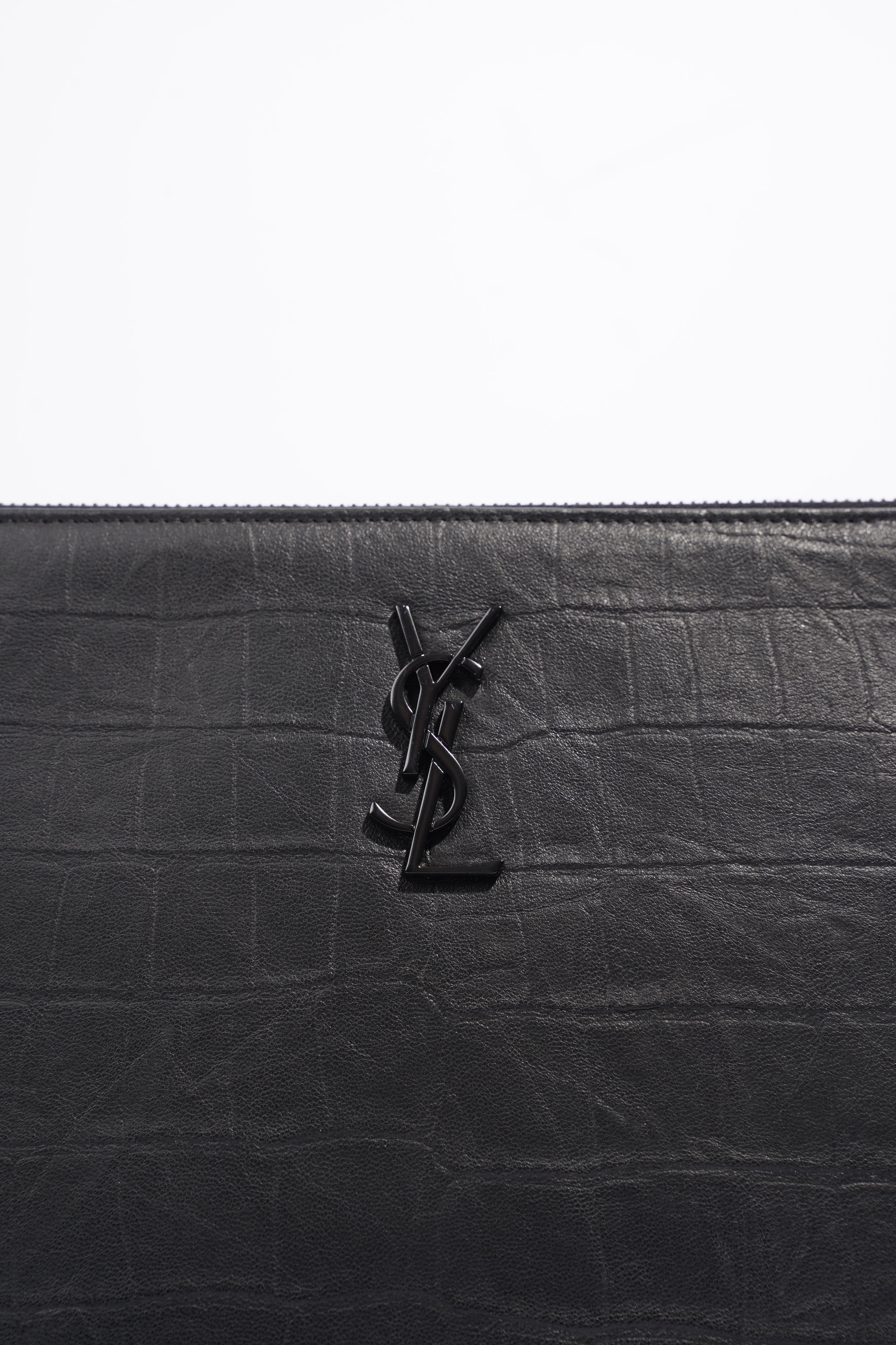 Saint Laurent Croc Embossed Document Holder Black Embossed Leather