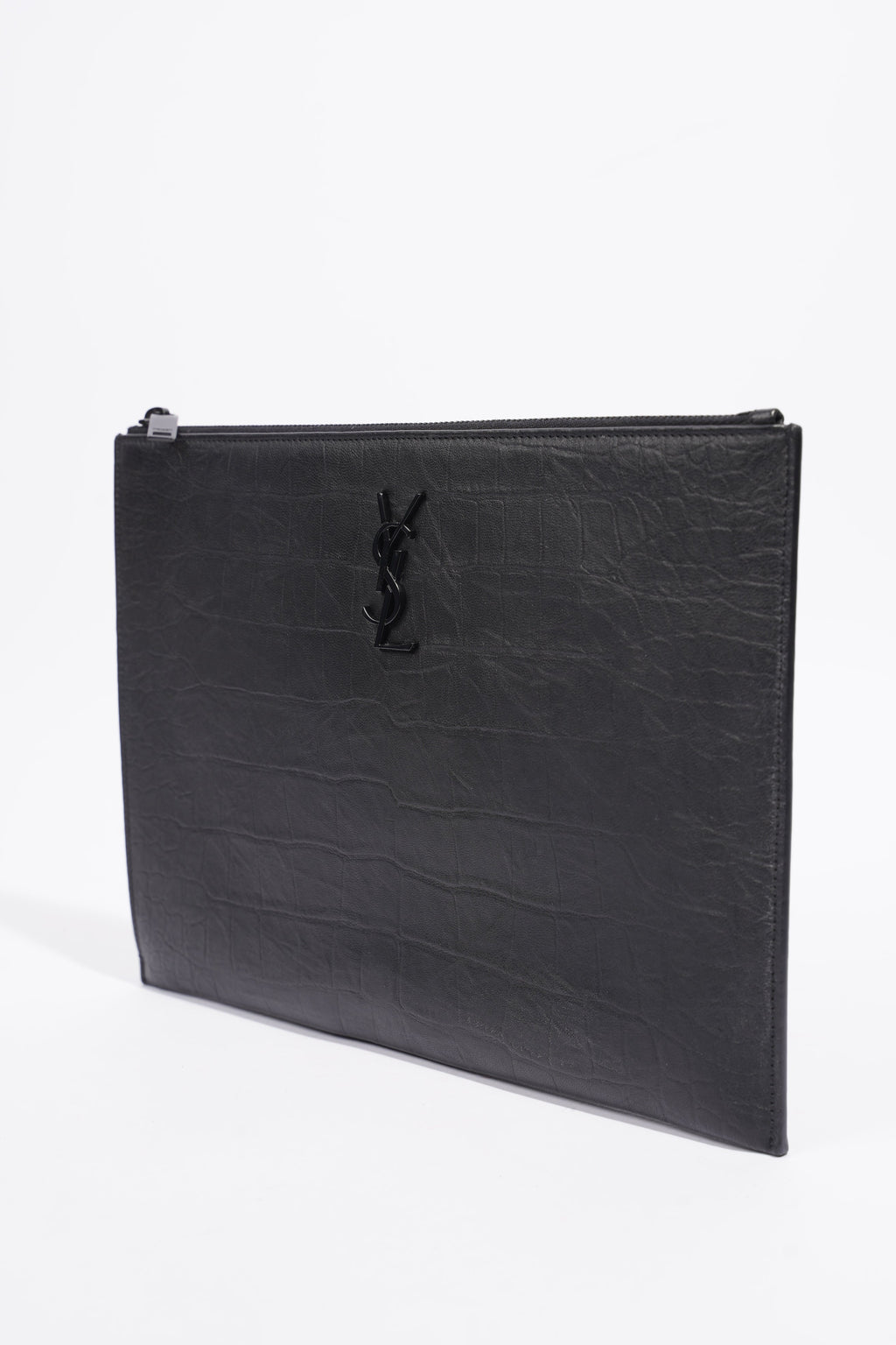 Saint Laurent Croc Embossed Document Holder Black Embossed Leather