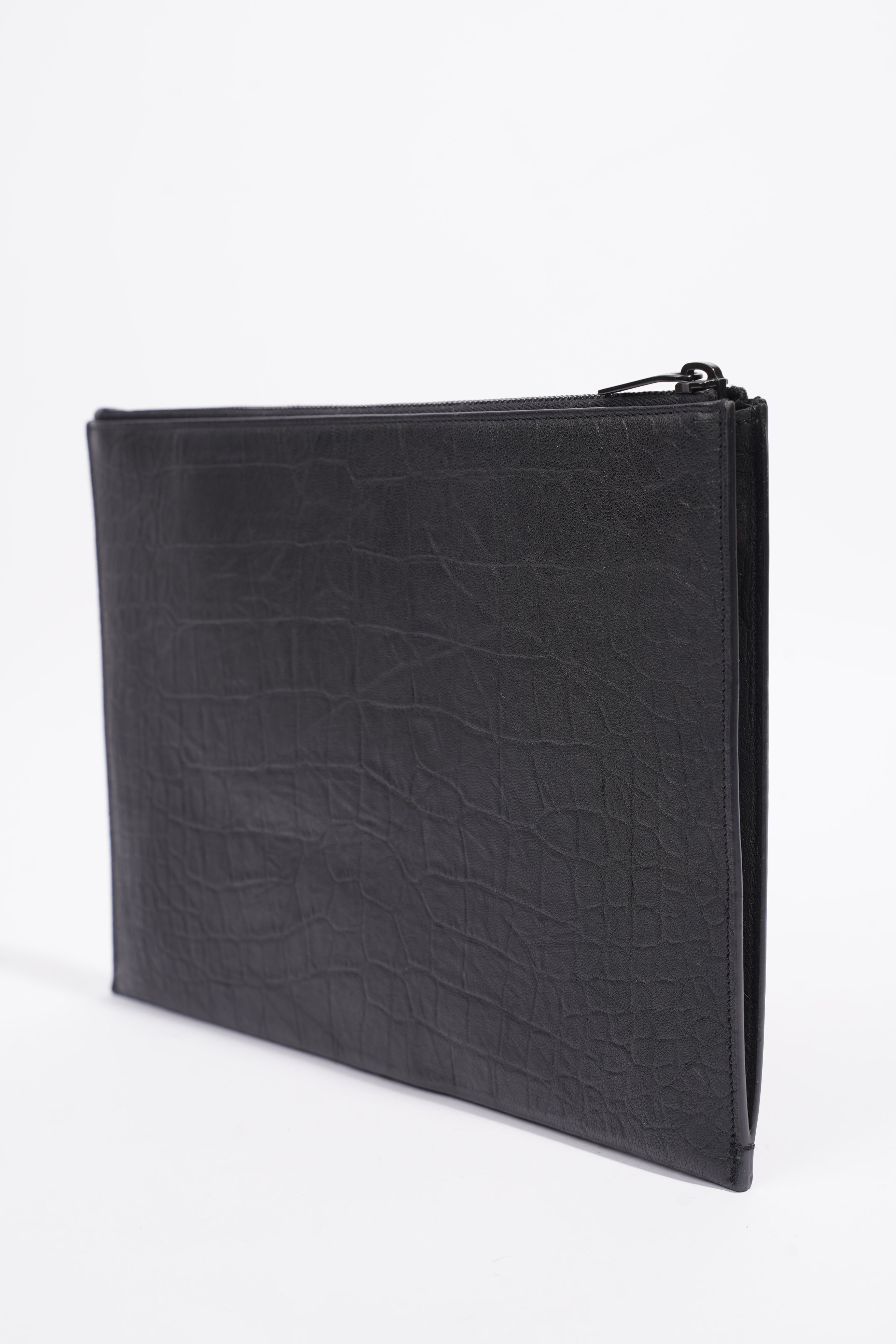 Saint Laurent Croc Embossed Document Holder Black Embossed Leather