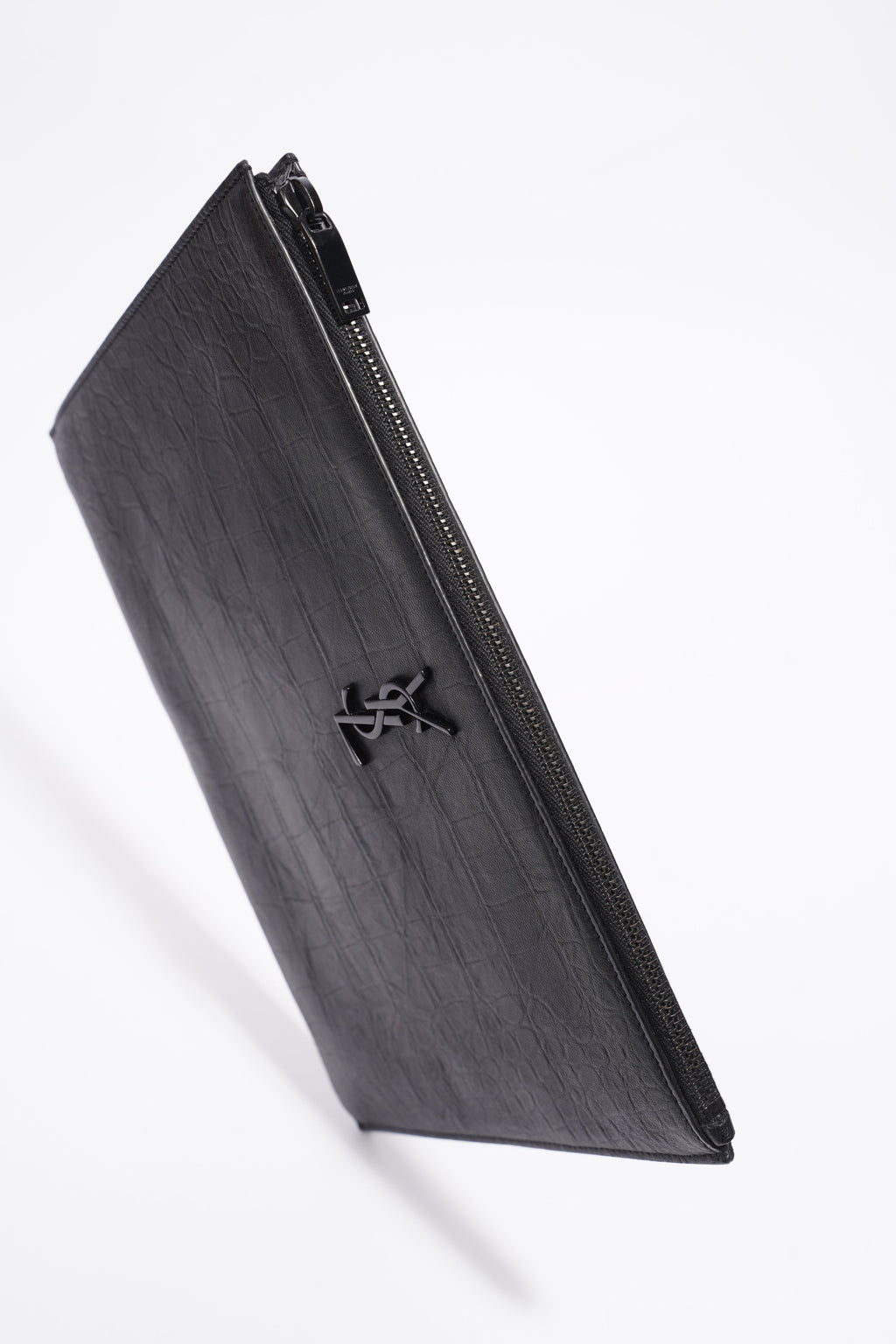 Saint Laurent Croc Embossed Document Holder Black Embossed Leather