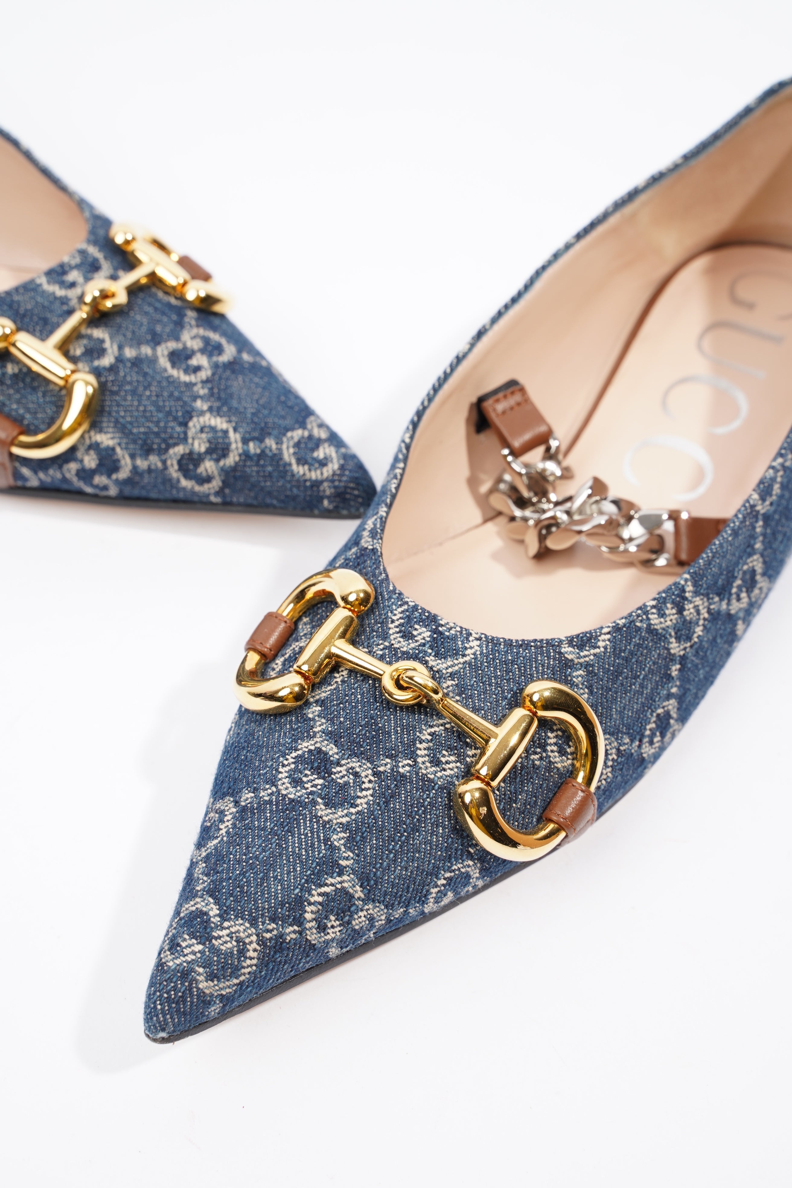 Gucci Ballerina GG Pump Blue / Gold Denim EU 37.5 UK 4.5