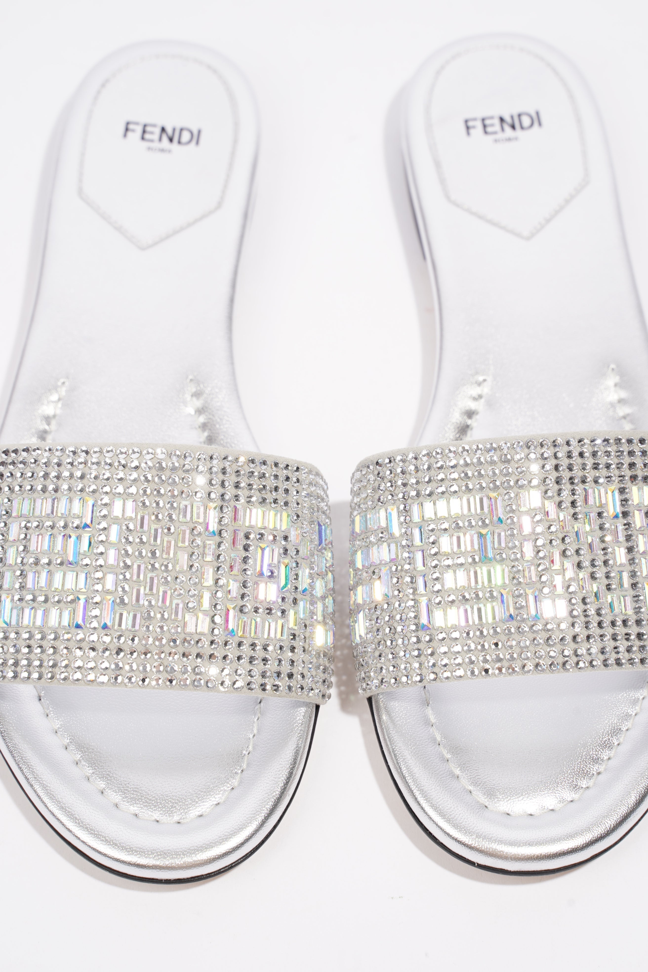 Fendi Signature Slides Silver Sequin EU 39 UK 6