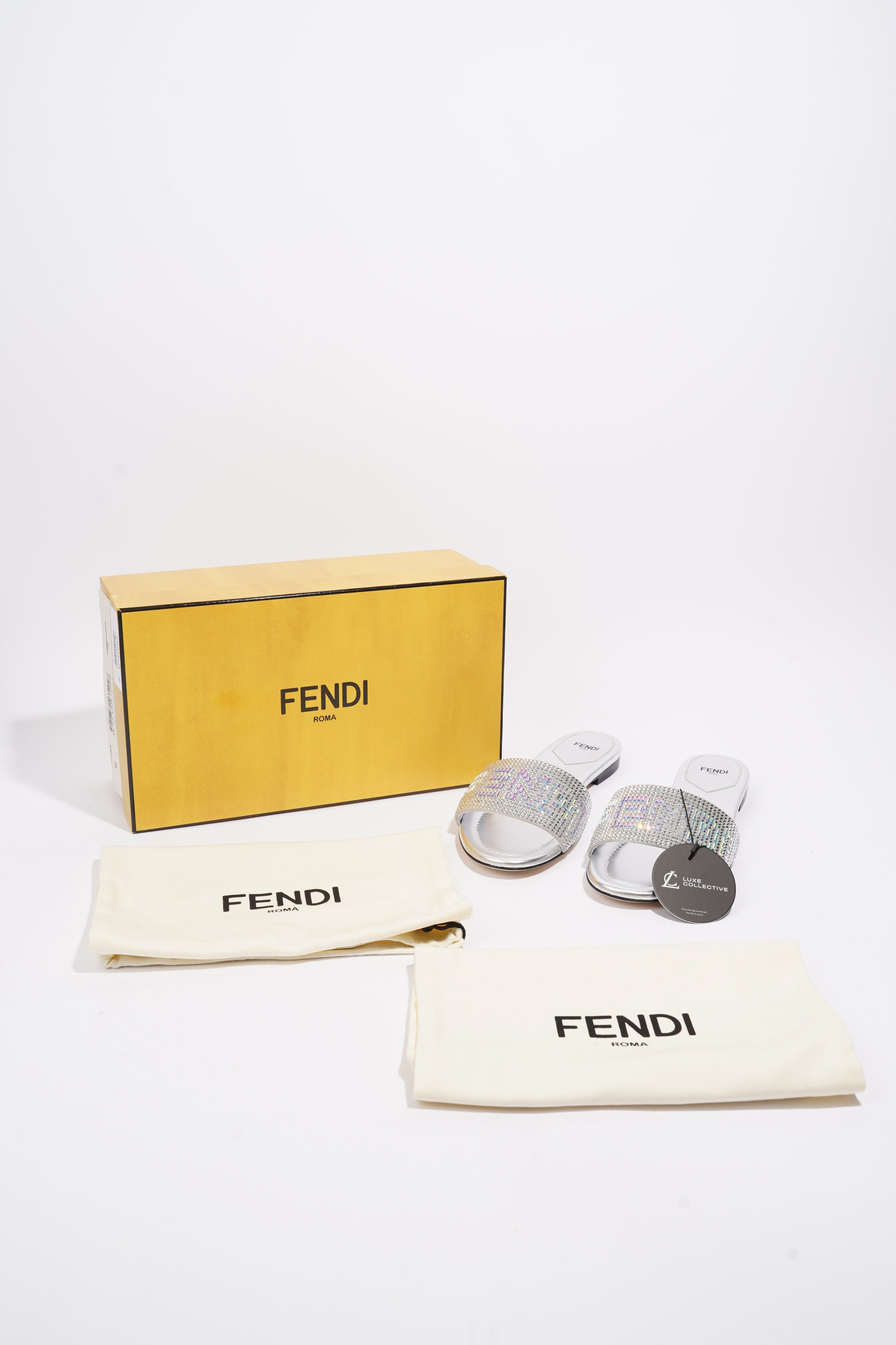 Fendi Signature Slides Silver Sequin EU 39 UK 6