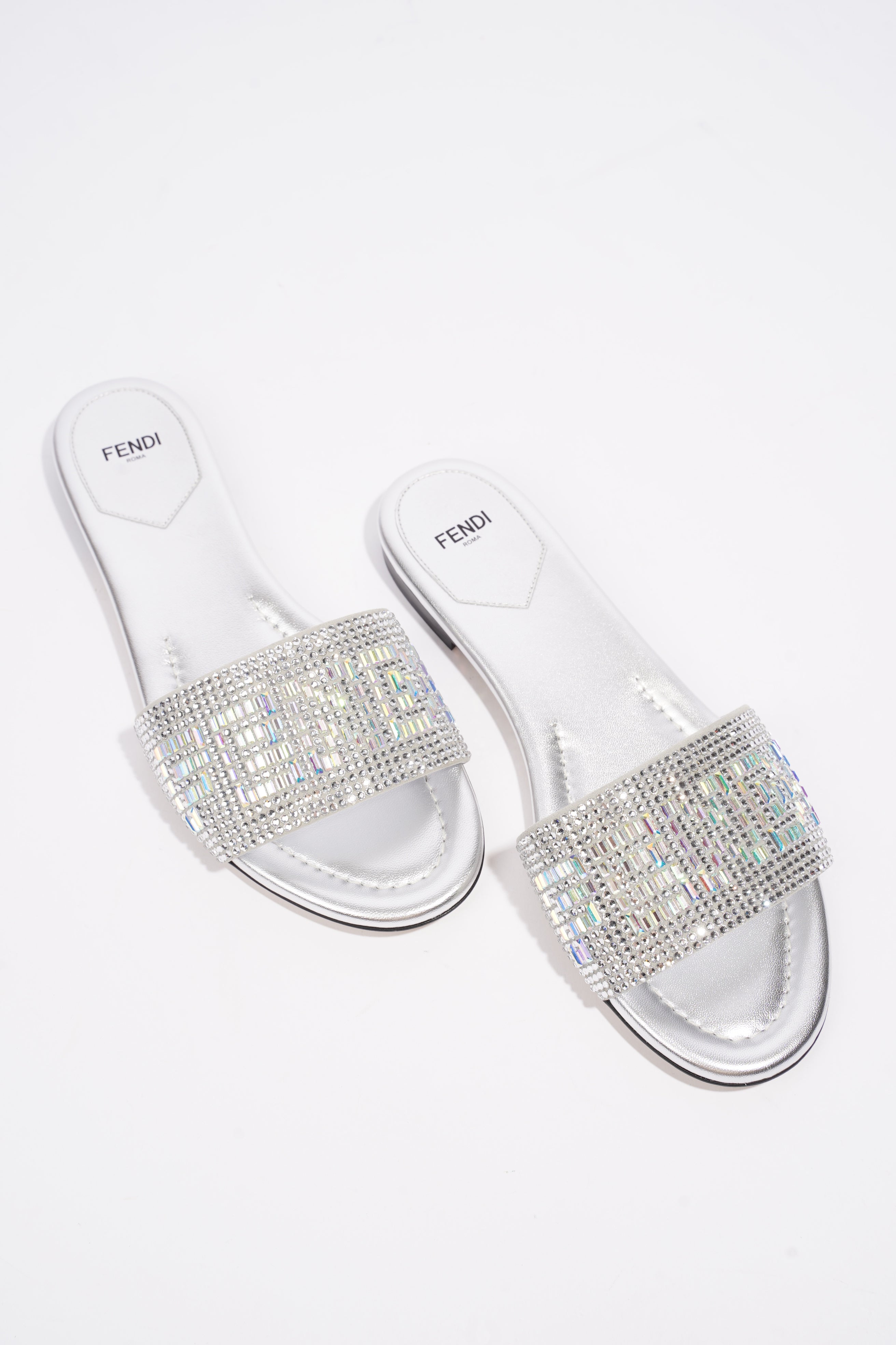 Fendi Signature Slides Silver Sequin EU 39 UK 6