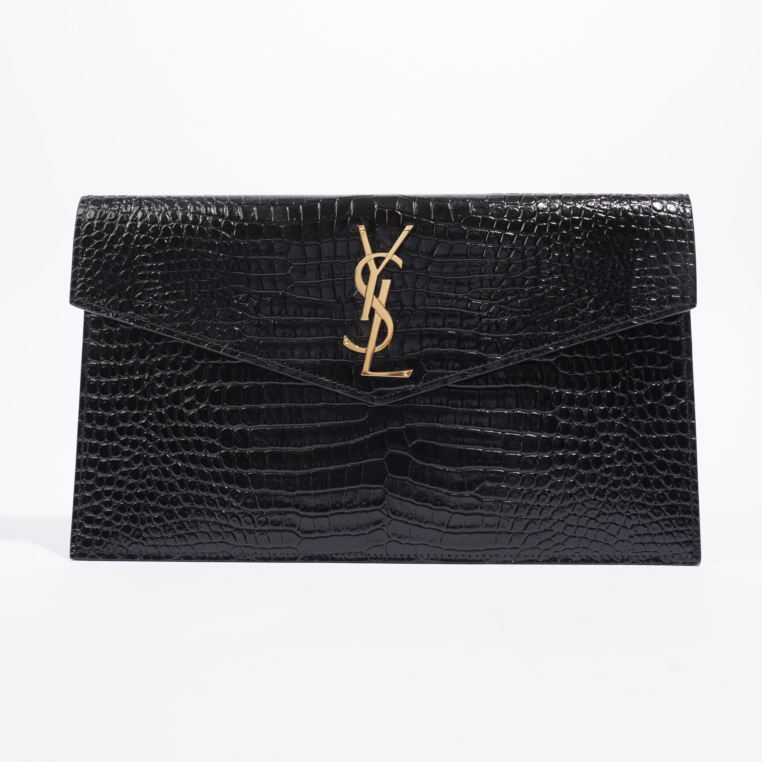 Saint Laurent Uptown Crocodile-Effect Black Embossed Leather