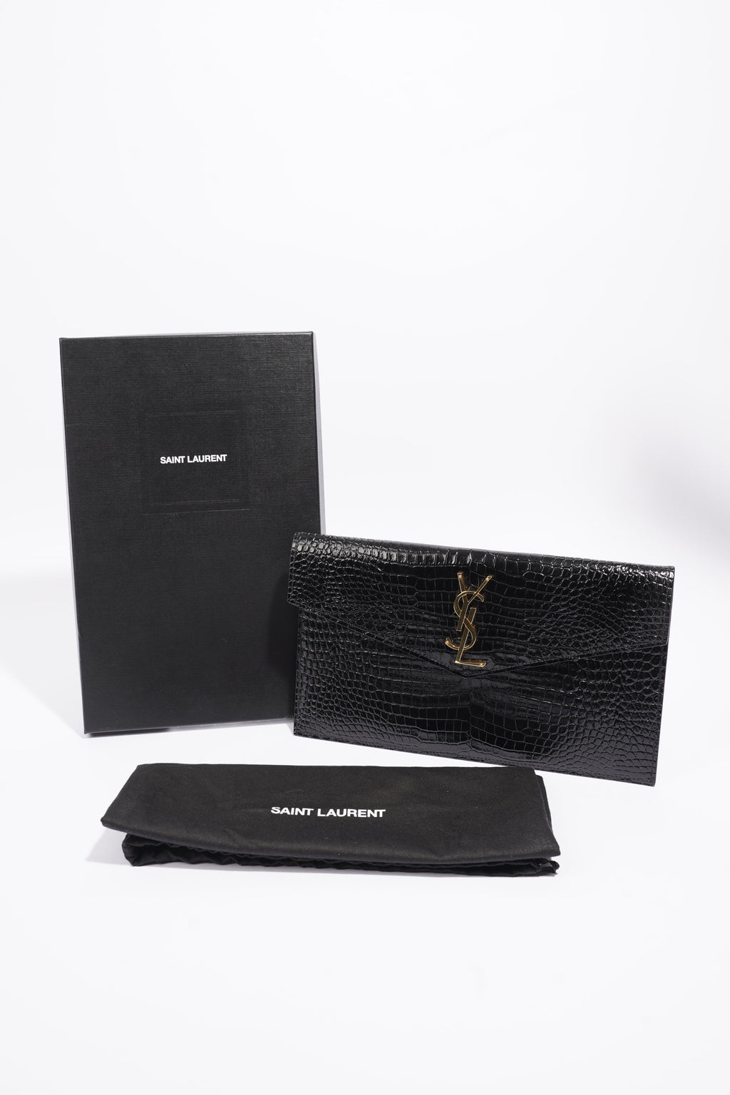 Saint Laurent Uptown Crocodile-Effect Black Embossed Leather
