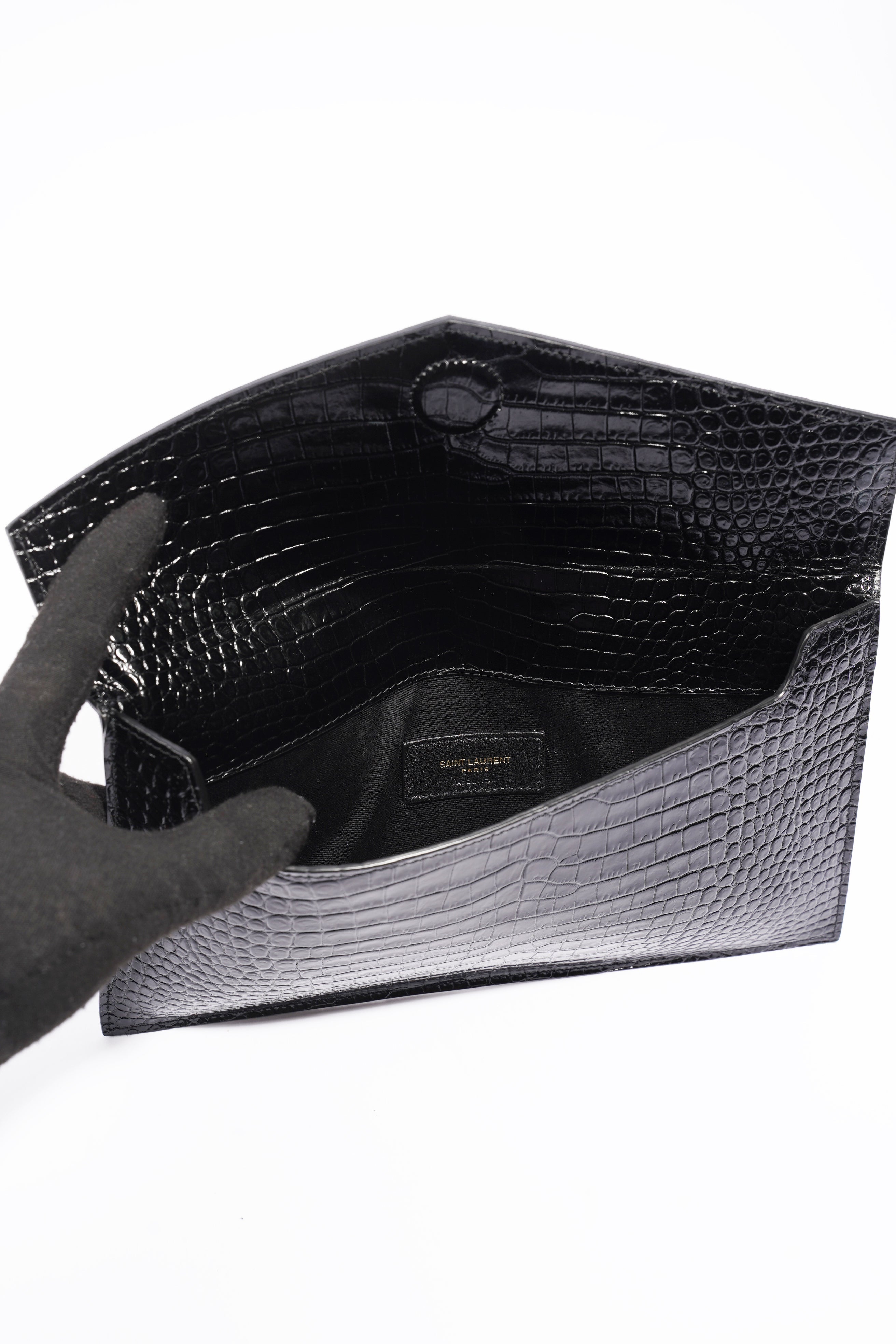 Saint Laurent Uptown Crocodile-Effect Black Embossed Leather