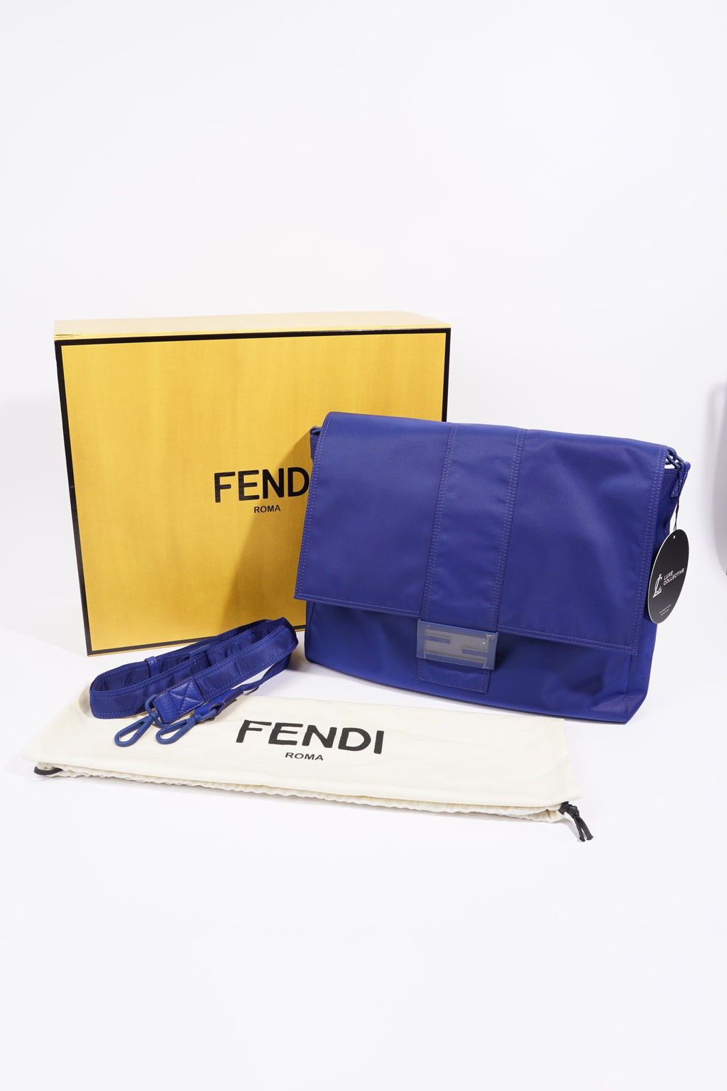 Fendi Baguette Messenger Bag Blue Nylon Large
