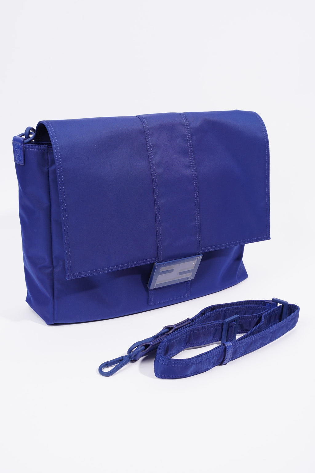 Fendi Baguette Messenger Bag Blue Nylon Large
