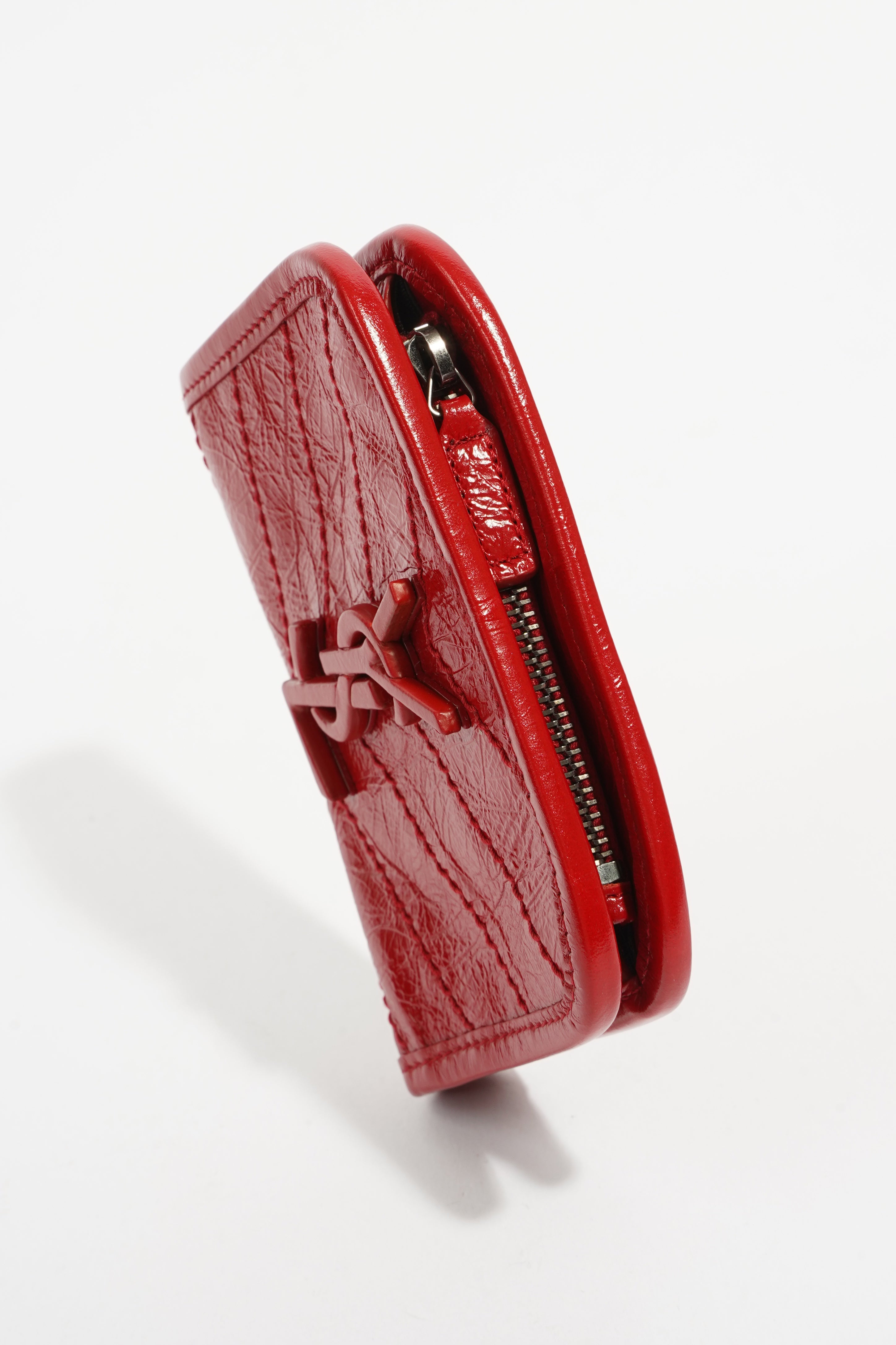 Saint Laurent Distressed Leather Wallet Red Leather